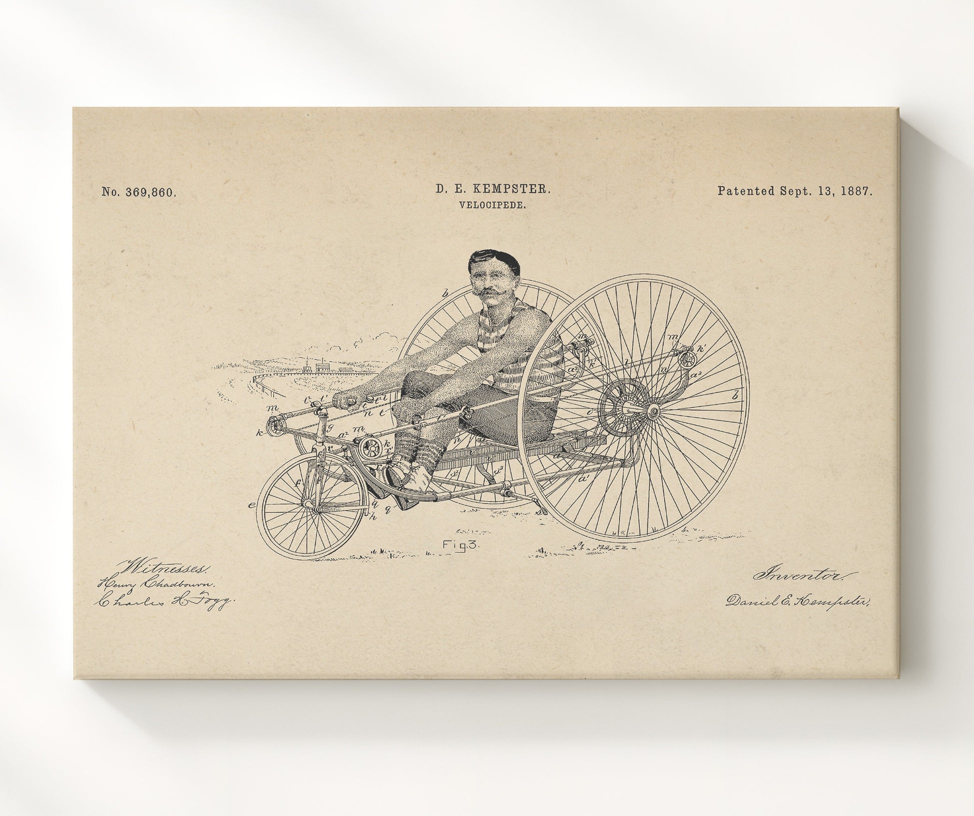 Patent Print - Velocipede - Daniel E Kempster - 1887 - Patent 369860 - Landscape Patent Wall Art