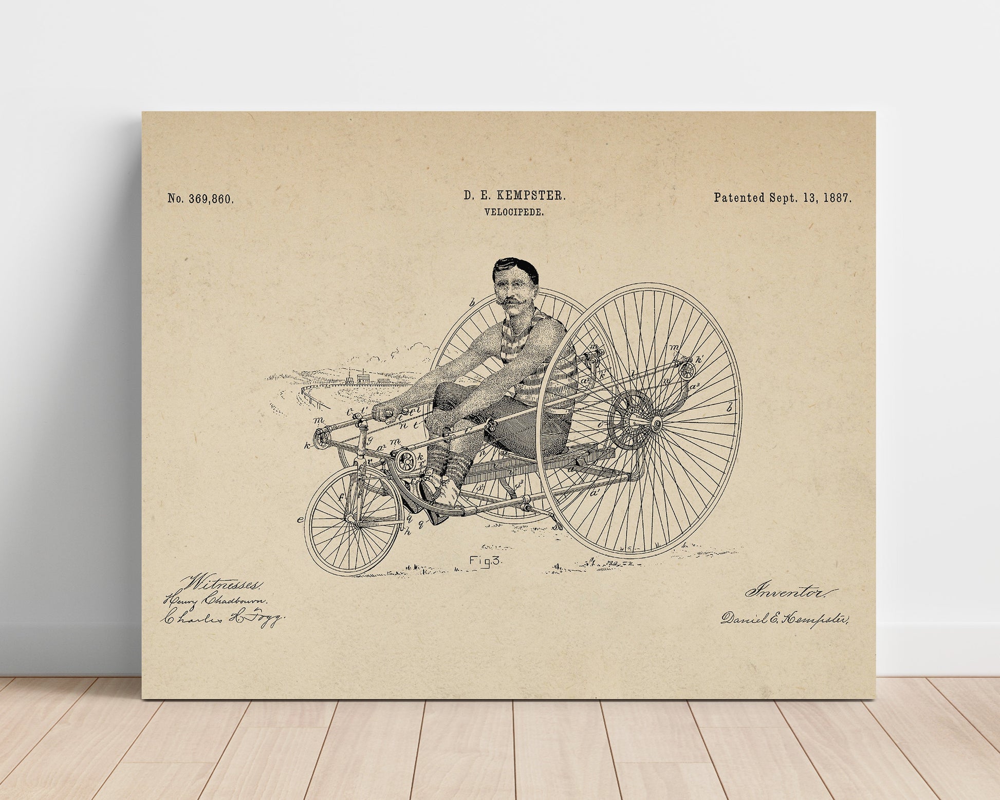Patent Print - Velocipede - Daniel E Kempster - 1887 - Patent 369860 - Landscape Patent Wall Art