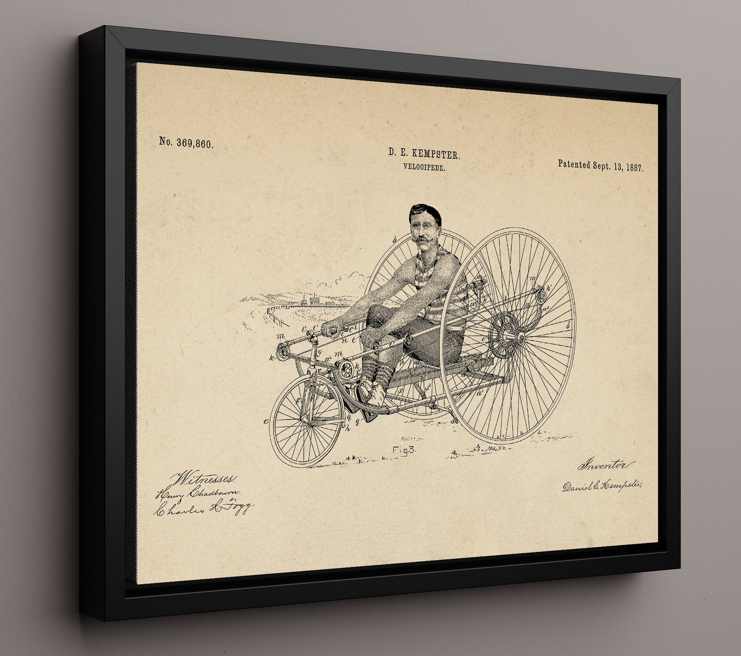 Patent Print - Velocipede - Daniel E Kempster - 1887 - Patent 369860 - Landscape Patent Wall Art
