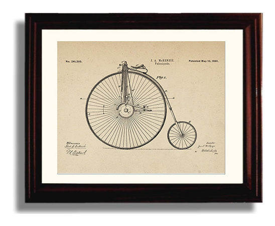 Patent Print - Velocipede - J A Mckenzie - 1881 - Patent 241395 - Landscape Patent Wall Art