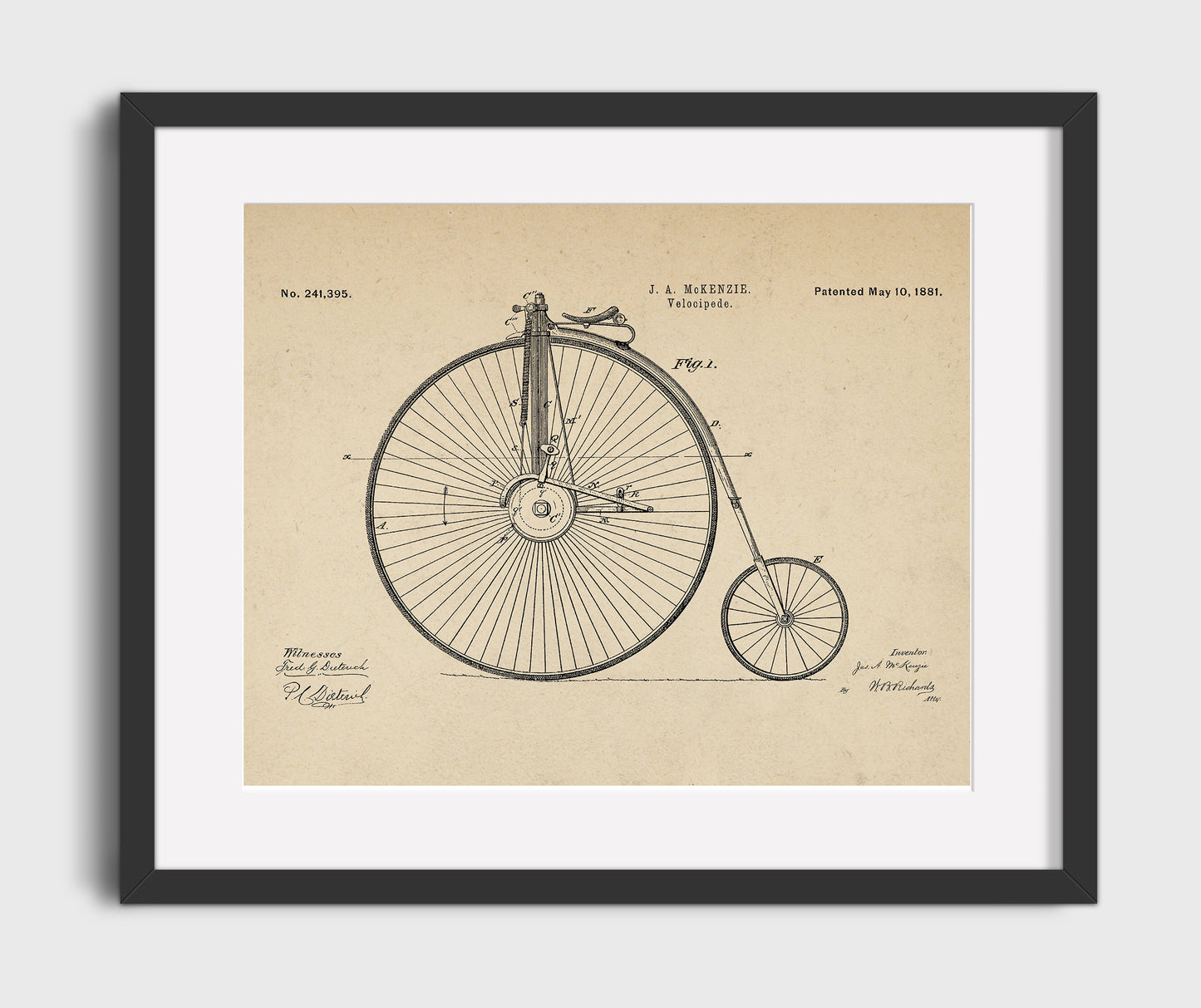 Patent Print - Velocipede - J A Mckenzie - 1881 - Patent 241395 - Landscape Patent Wall Art