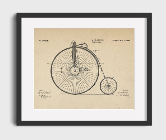 Velocipede - 1881 Patent - 16x20 Gallery Frame