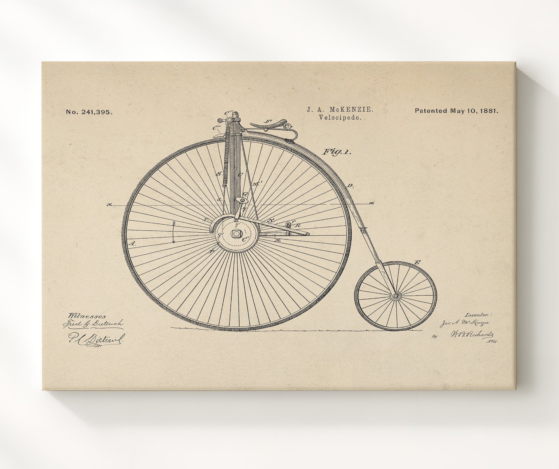 Patent Print - Velocipede - J A Mckenzie - 1881 - Patent 241395 - Landscape Patent Wall Art