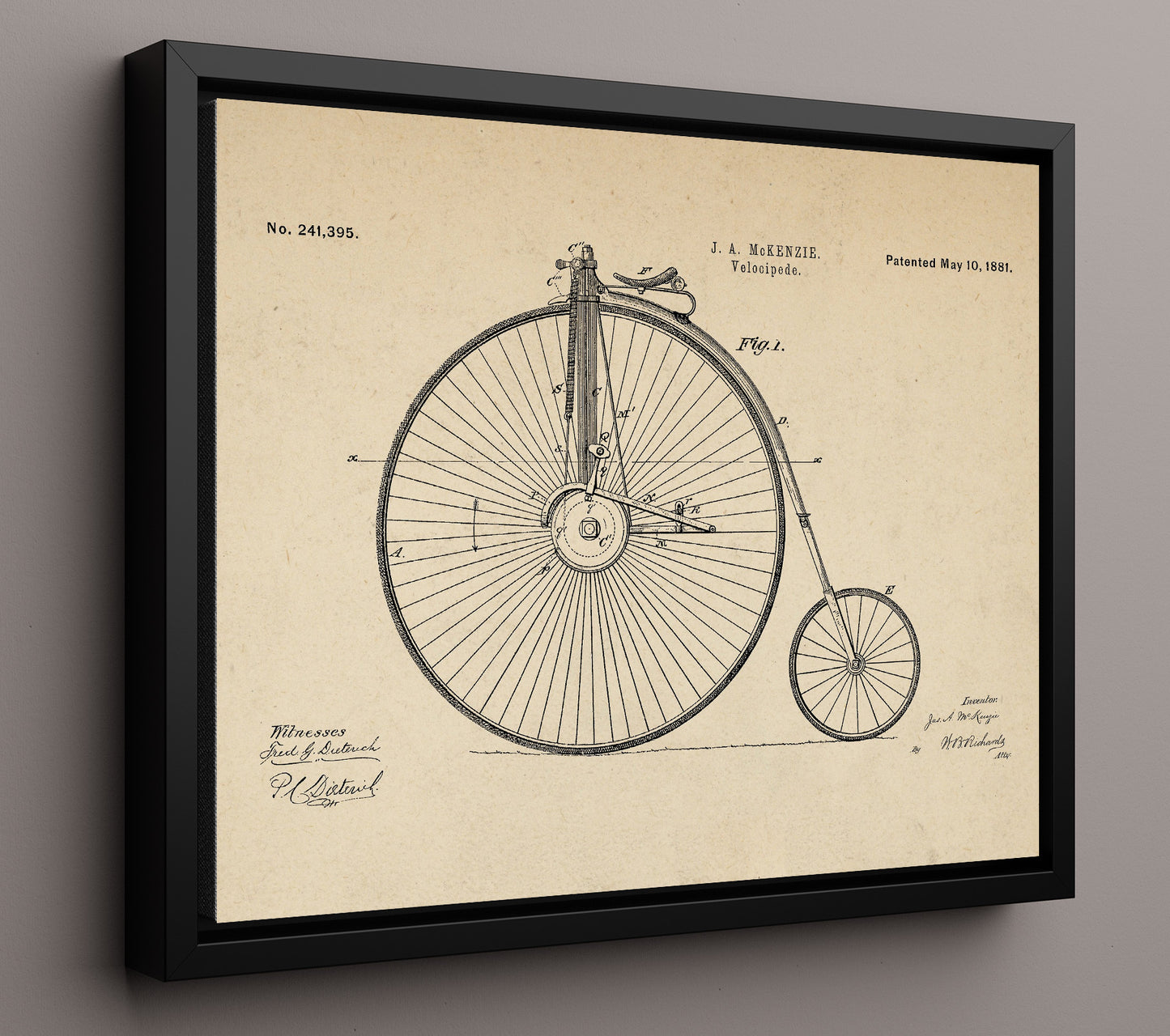 Patent Print - Velocipede - J A Mckenzie - 1881 - Patent 241395 - Landscape Patent Wall Art