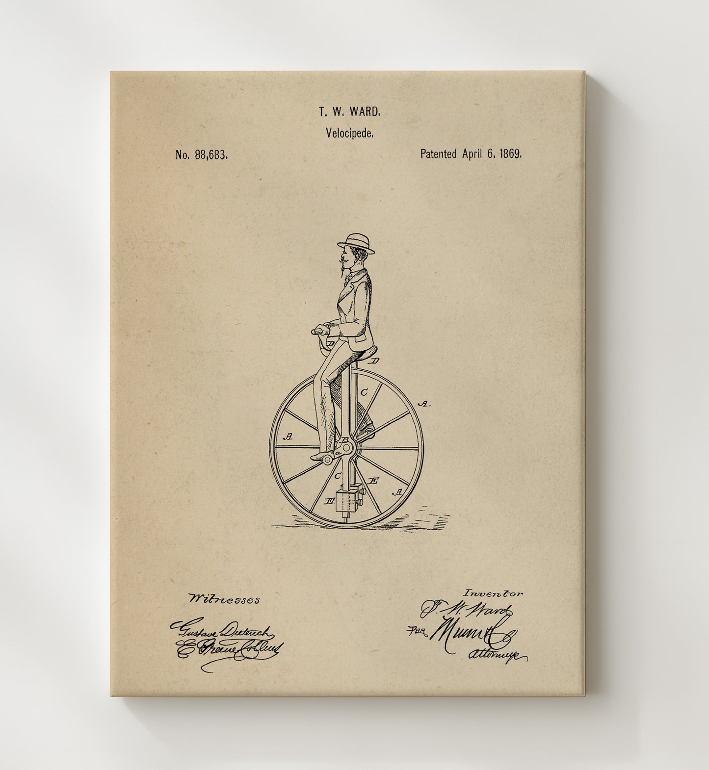 Patent Print - Velocipede - T W Ward - 1869 - Patent 88683 Patent Wall Art