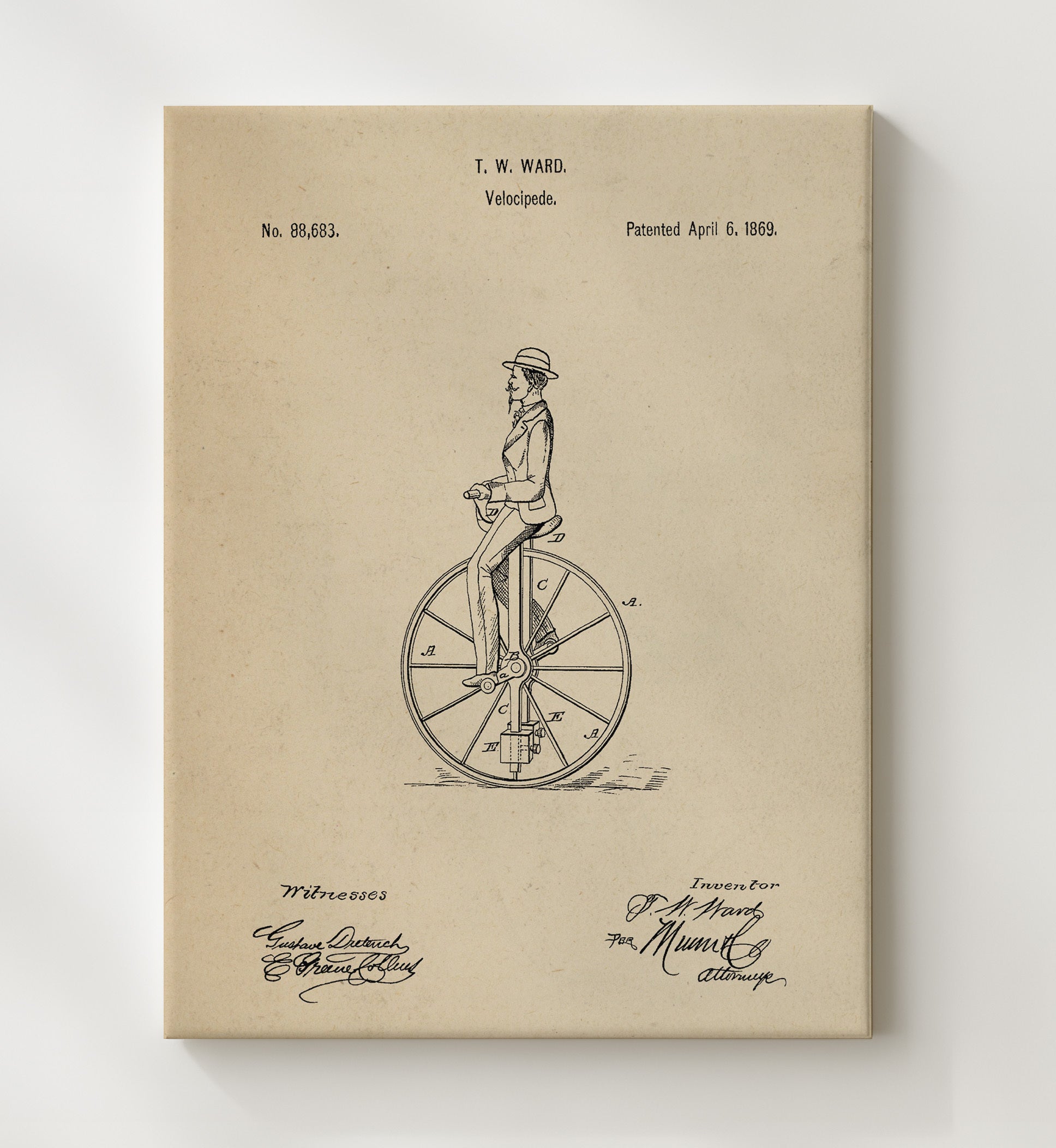 Patent Print - Velocipede - T W Ward - 1869 - Patent 88683 Patent Wall Art