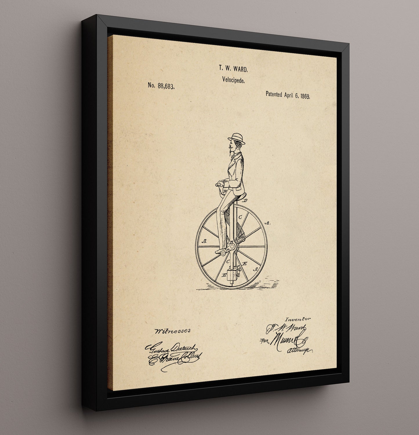 Patent Print - Velocipede - T W Ward - 1869 - Patent 88683 Patent Wall Art