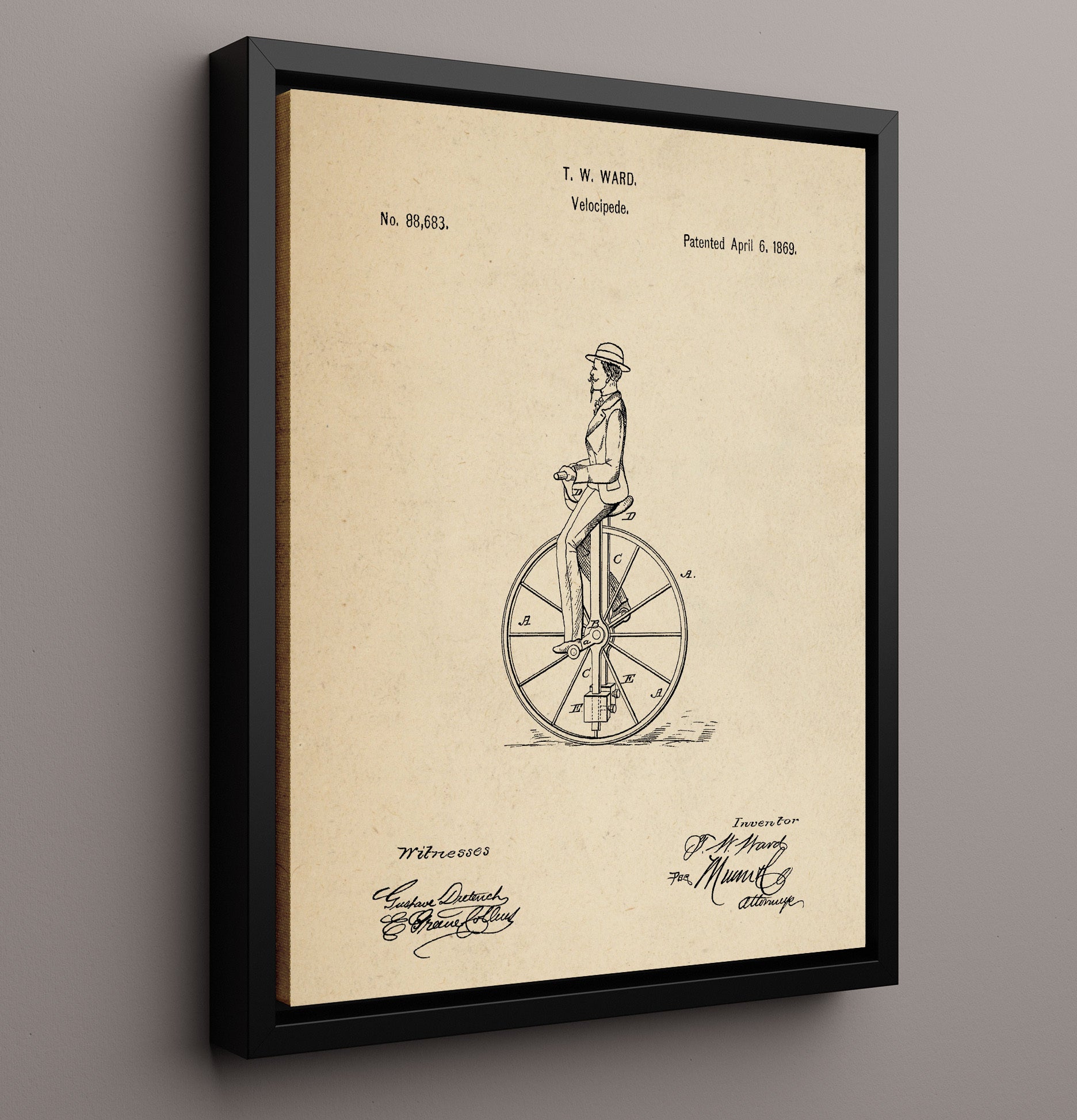 Patent Print - Velocipede - T W Ward - 1869 - Patent 88683 Patent Wall Art
