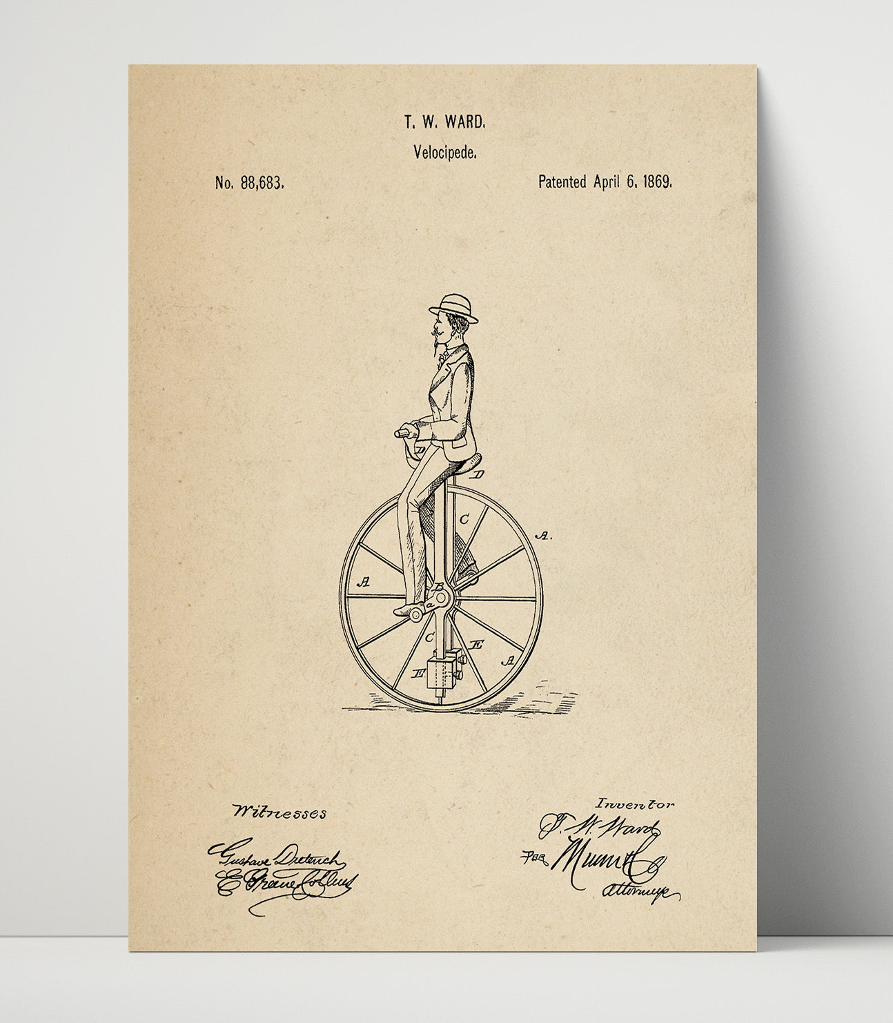Patent Print - Velocipede - T W Ward - 1869 - Patent 88683 Patent Wall Art