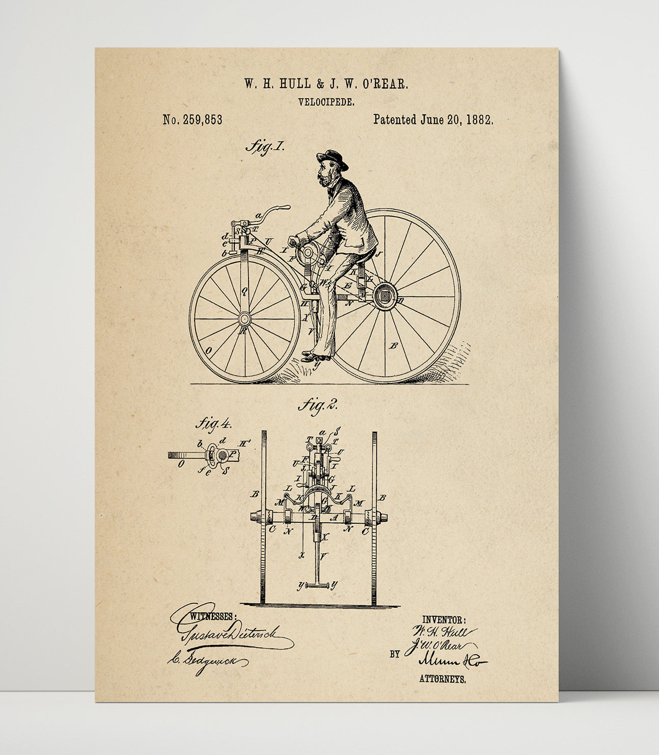 Patent Print - Velocipede - W H Hull And J W Orear - 1882 - Patent 259853 Patent Wall Art