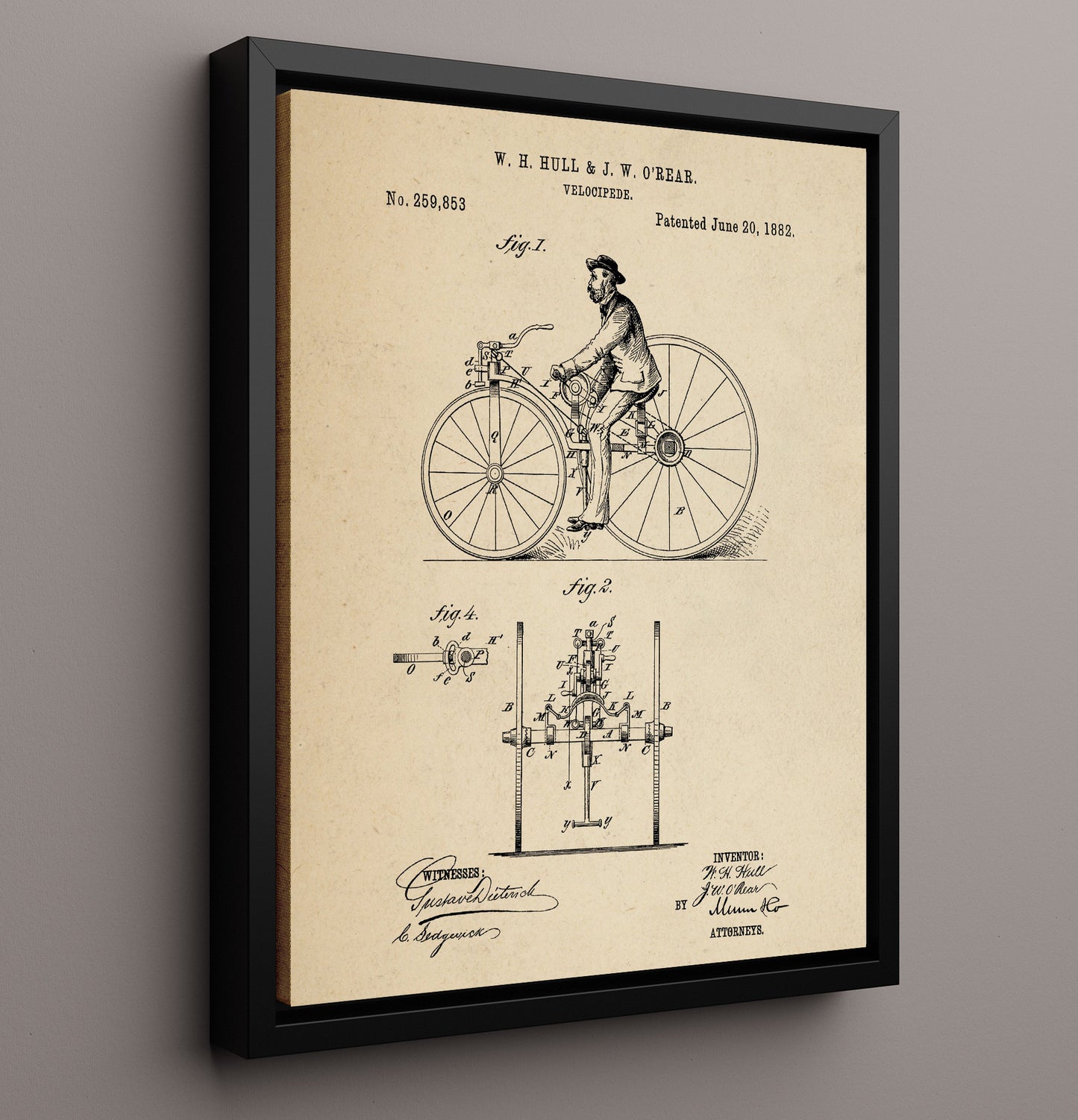Patent Print - Velocipede - W H Hull And J W Orear - 1882 - Patent 259853 Patent Wall Art