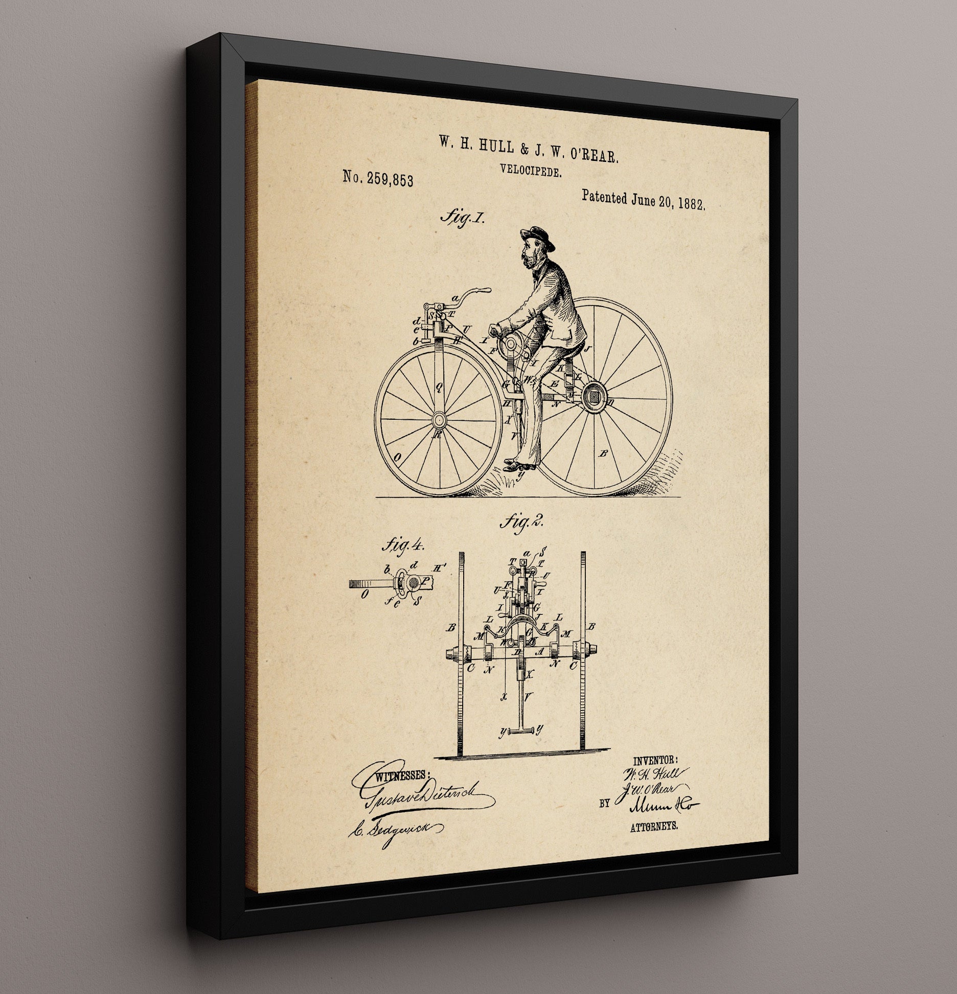 Patent Print - Velocipede - W H Hull And J W Orear - 1882 - Patent 259853 Patent Wall Art