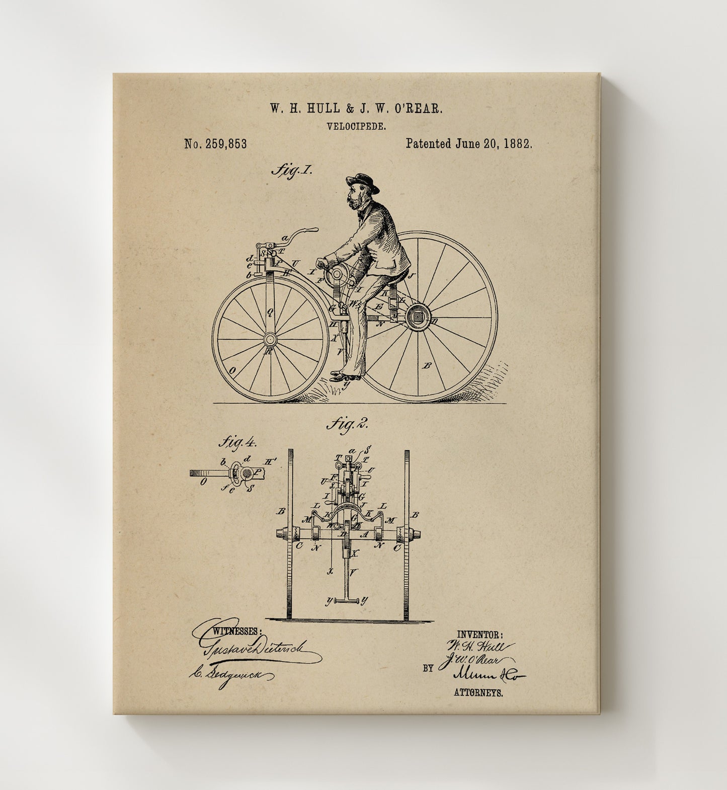 Patent Print - Velocipede - W H Hull And J W Orear - 1882 - Patent 259853 Patent Wall Art