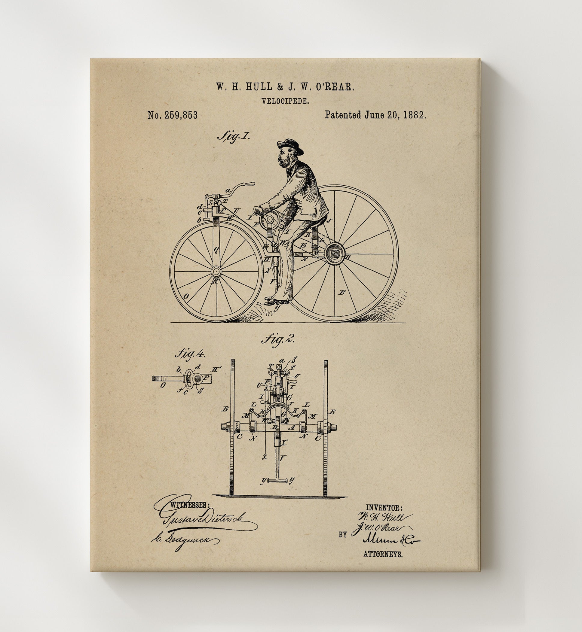 Patent Print - Velocipede - W H Hull And J W Orear - 1882 - Patent 259853 Patent Wall Art