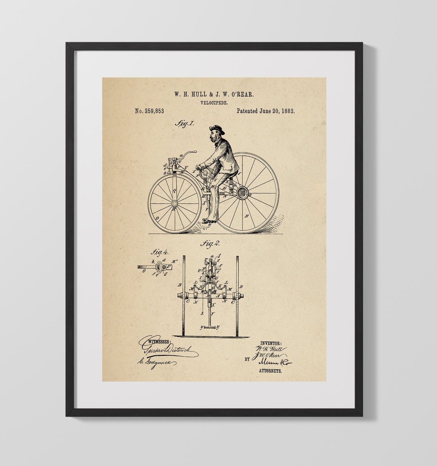 Patent Print - Velocipede - W H Hull And J W Orear - 1882 - Patent 259853 Patent Wall Art