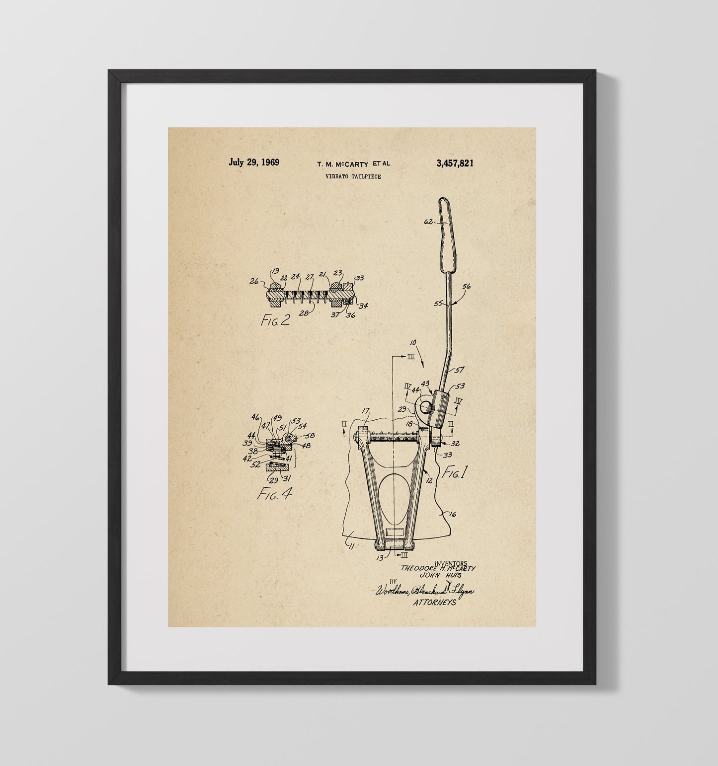 Patent Print - Vibrato Tailpiece - Theodore M. Mccarty And John Huis - 1969 - Patent 3457821 Patent Wall Art