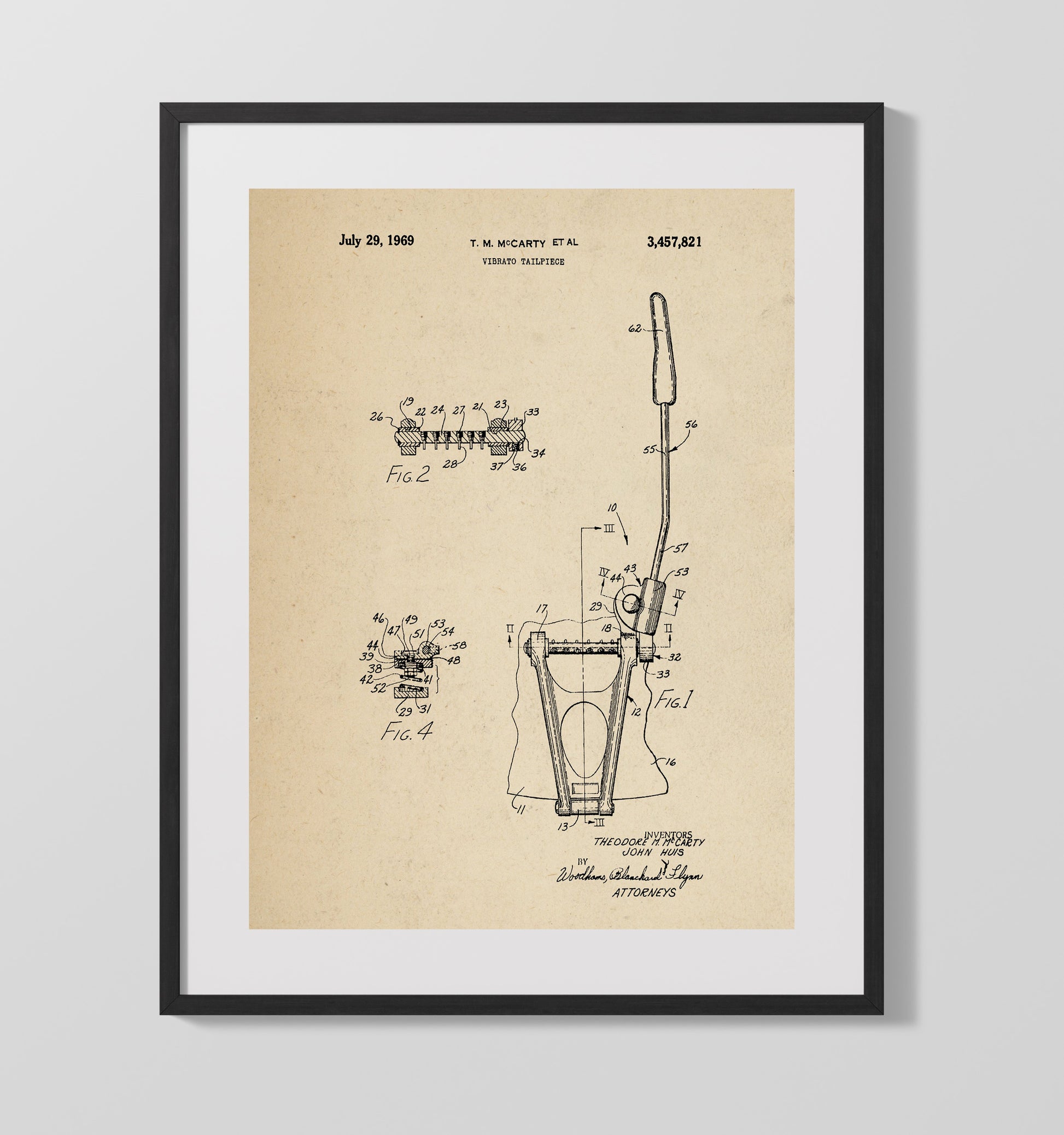 Patent Print - Vibrato Tailpiece - Theodore M. Mccarty And John Huis - 1969 - Patent 3457821 Patent Wall Art