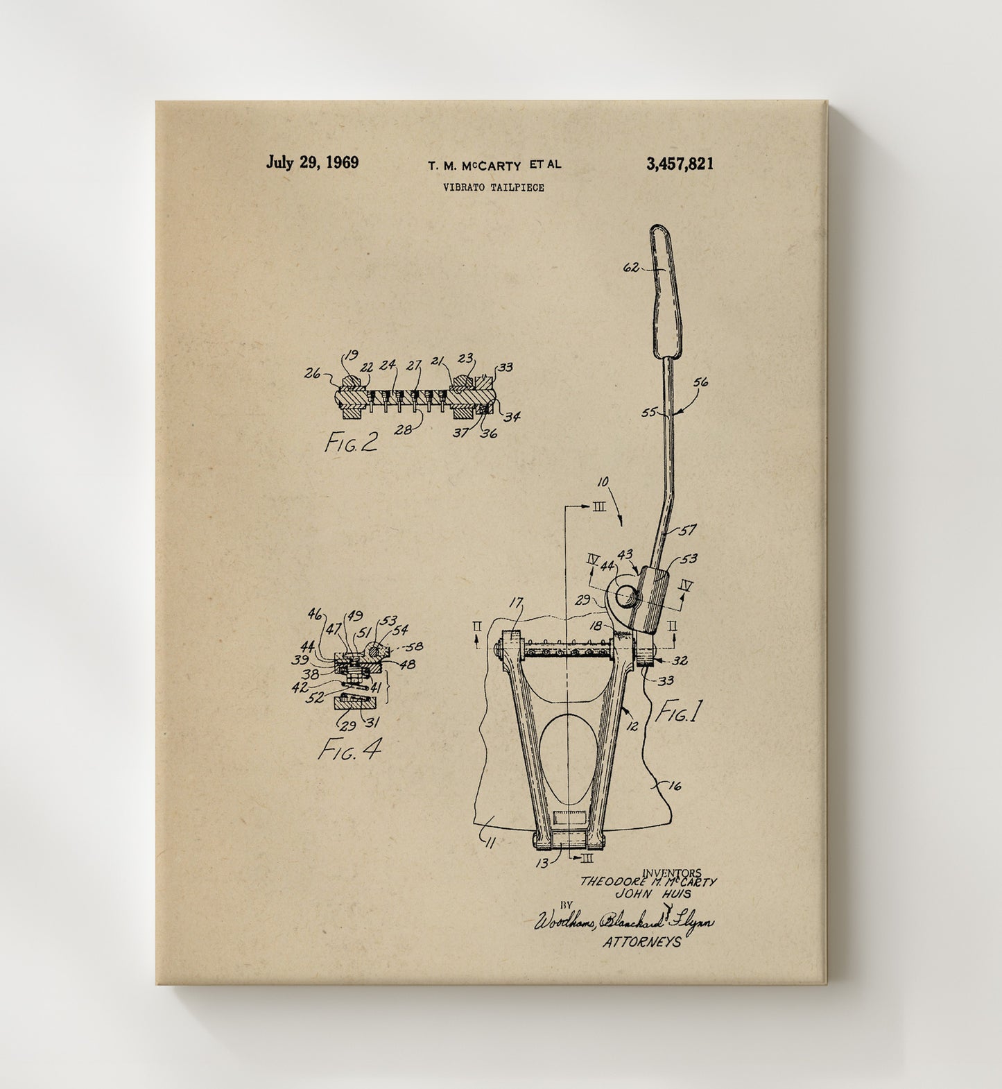 Patent Print - Vibrato Tailpiece - Theodore M. Mccarty And John Huis - 1969 - Patent 3457821 Patent Wall Art