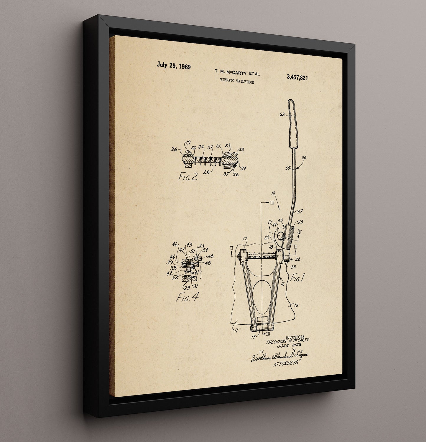 Patent Print - Vibrato Tailpiece - Theodore M. Mccarty And John Huis - 1969 - Patent 3457821 Patent Wall Art