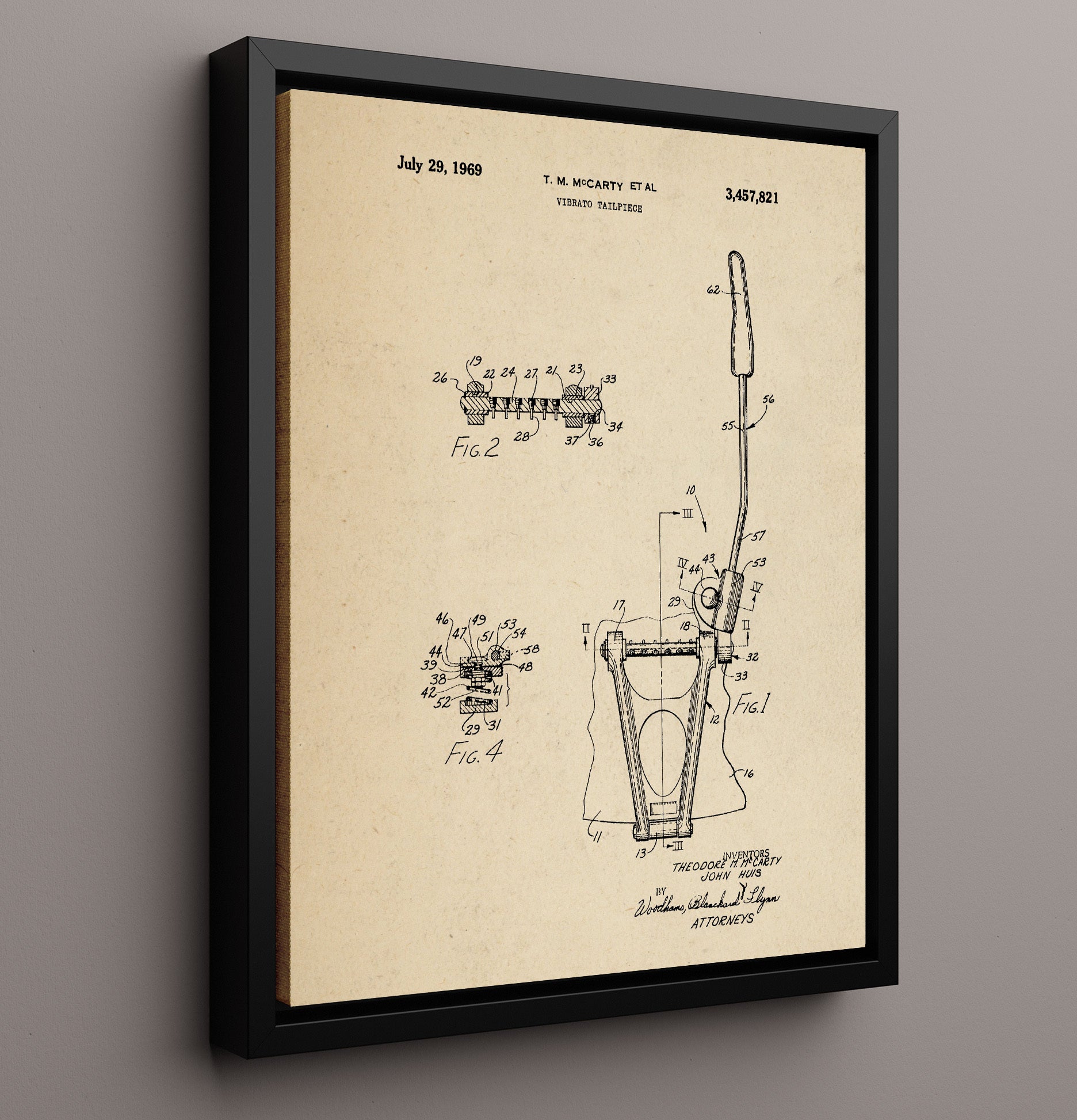 Patent Print - Vibrato Tailpiece - Theodore M. Mccarty And John Huis - 1969 - Patent 3457821 Patent Wall Art