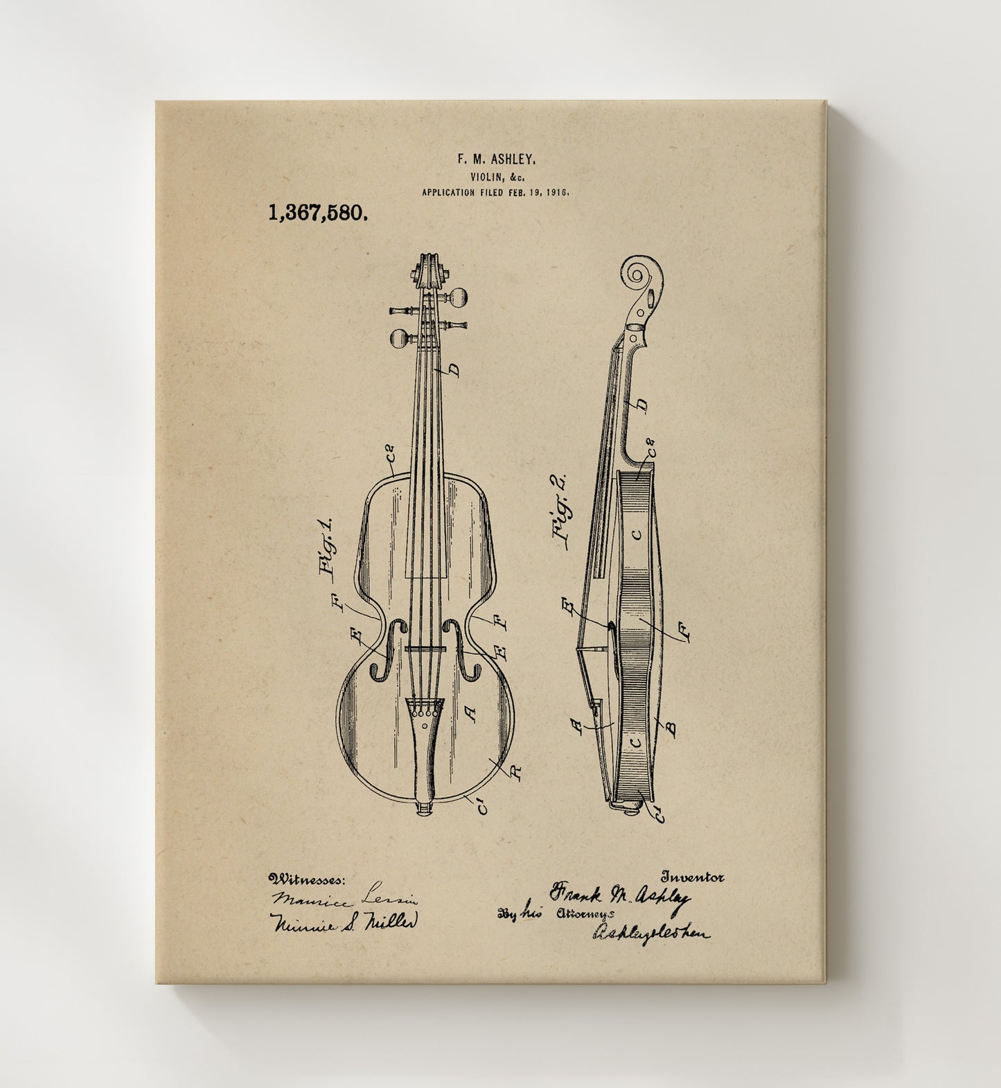Patent Print - Violin - F. M. Ashley - 1921 - Patent 1367580 Patent Wall Art