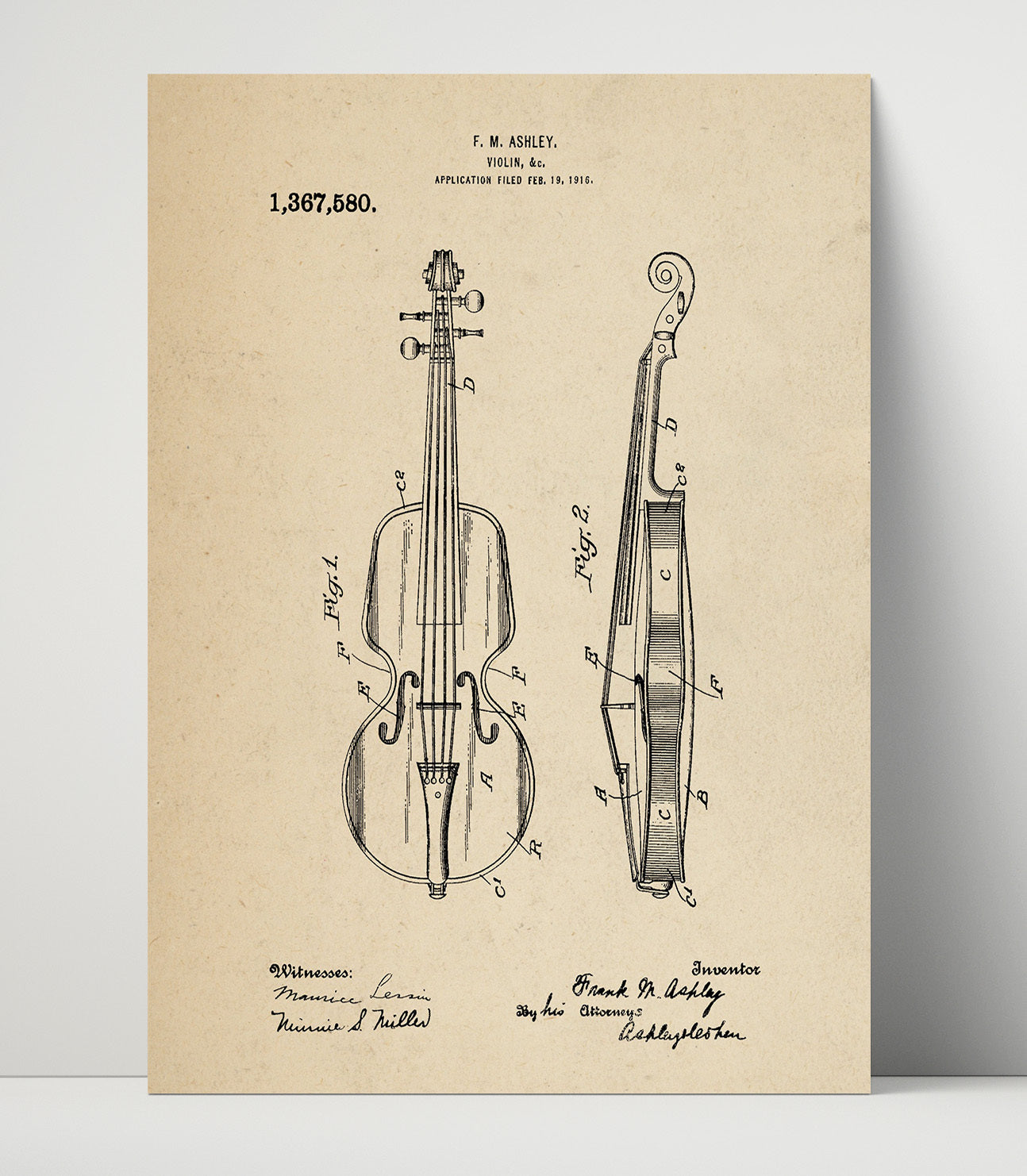 Patent Print - Violin - F. M. Ashley - 1921 - Patent 1367580 Patent Wall Art