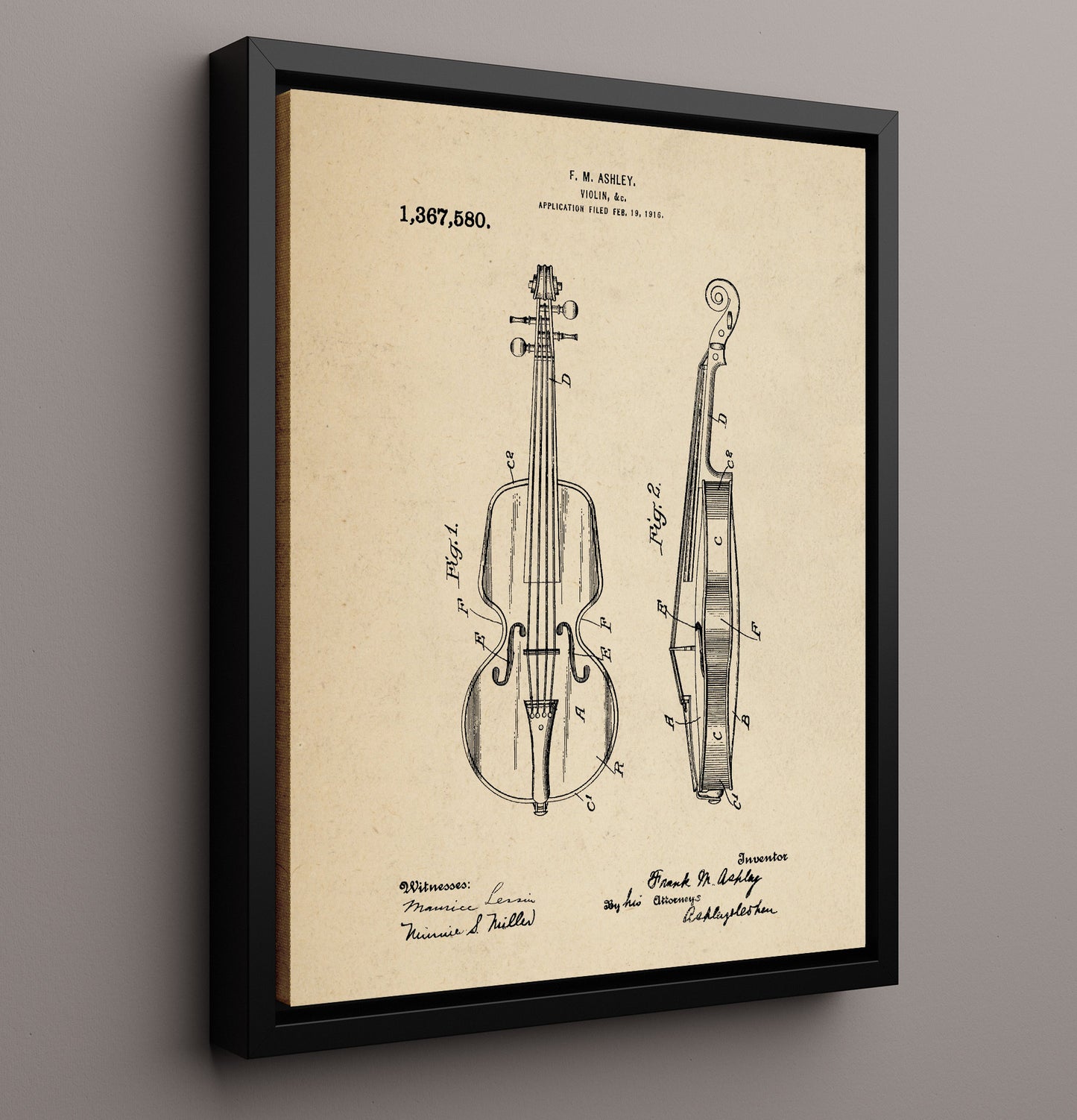 Patent Print - Violin - F. M. Ashley - 1921 - Patent 1367580 Patent Wall Art