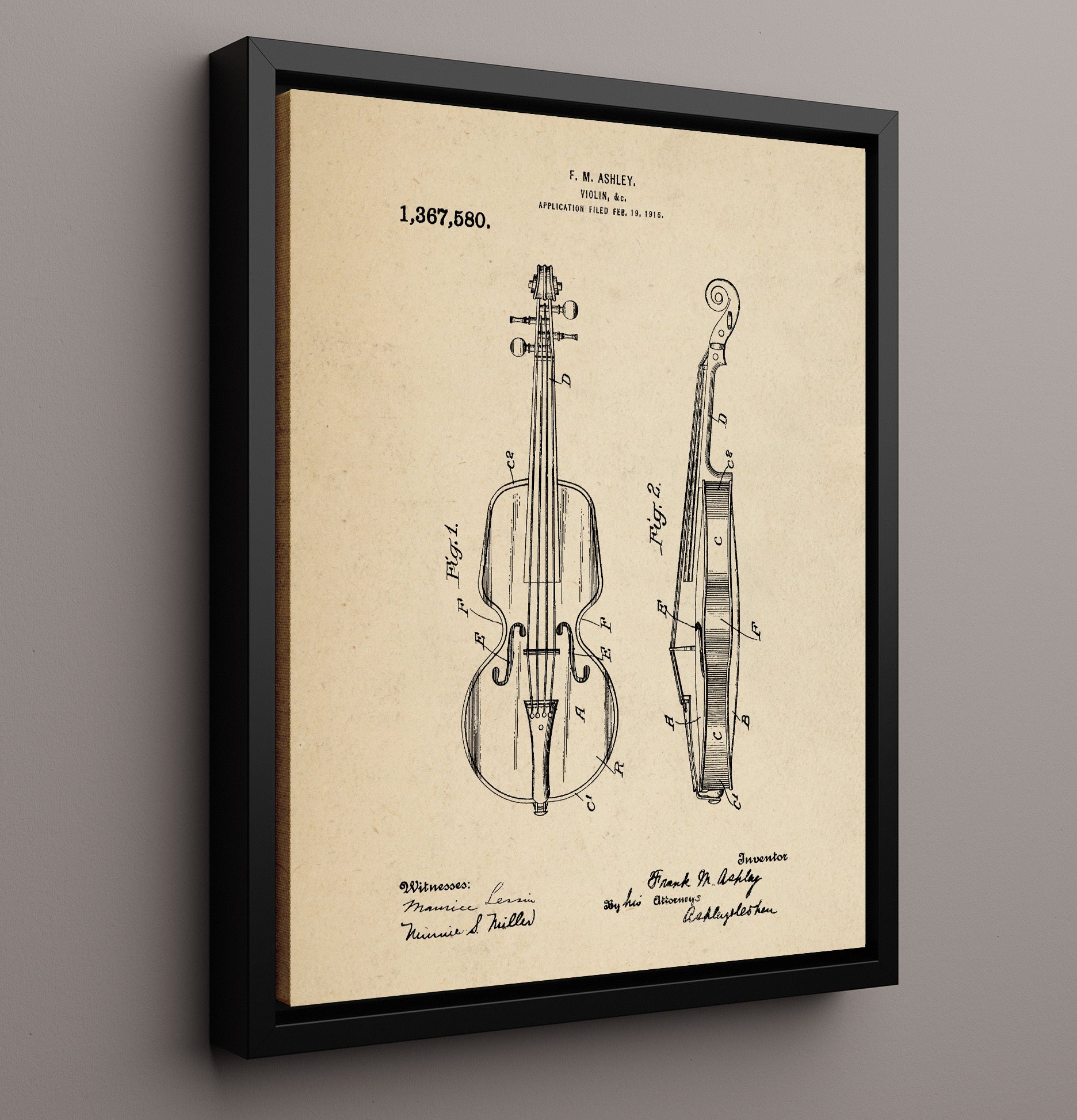 Patent Print - Violin - F. M. Ashley - 1921 - Patent 1367580 Patent Wall Art