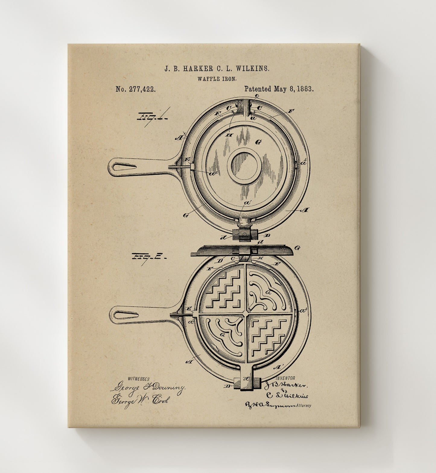 Patent Print - Waffle Iron - J.B. Harker And C.L. Wilkins - 1883 - Patent 277422 Patent Wall Art