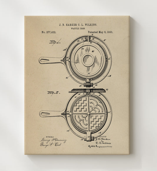 Waffle Iron 1883 patent print wall art 8x10 Canvas