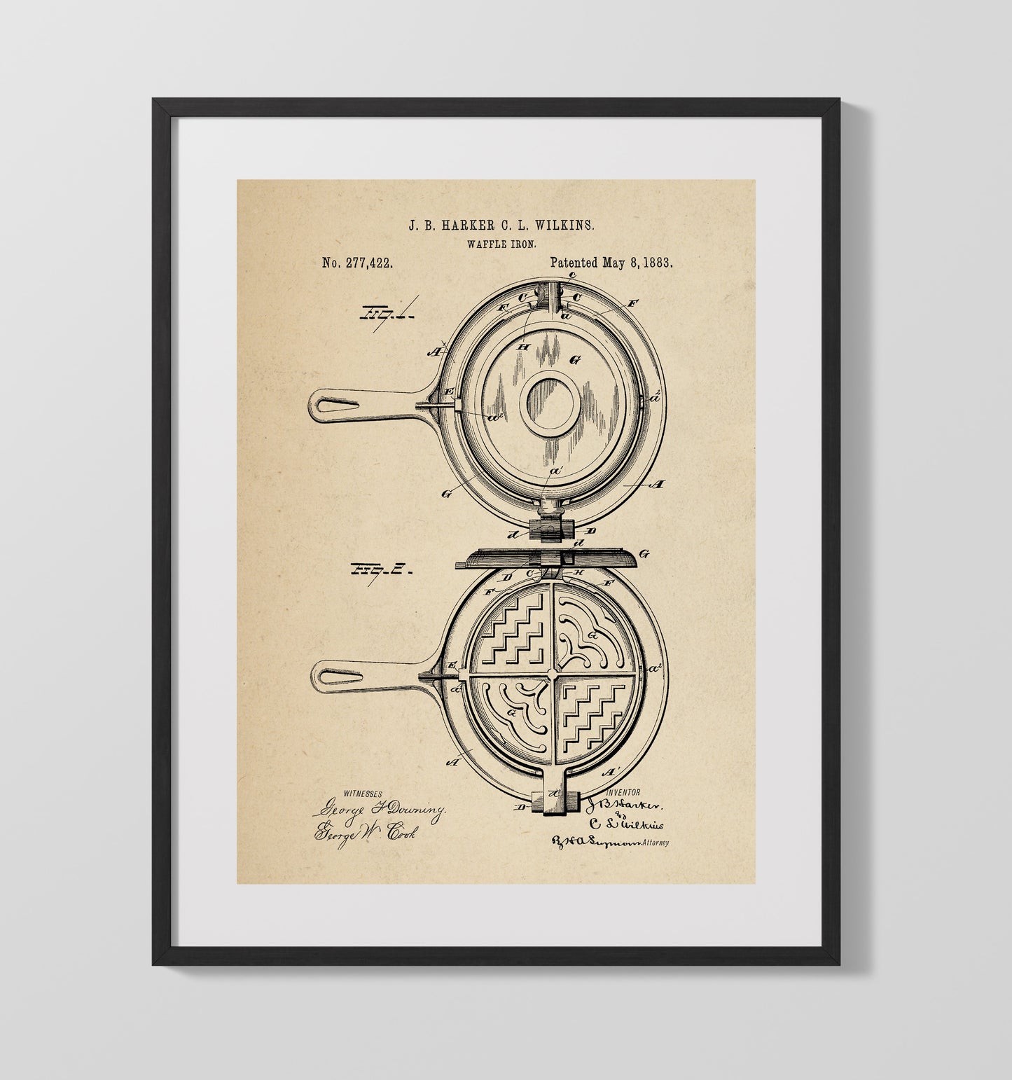 Patent Print - Waffle Iron - J.B. Harker And C.L. Wilkins - 1883 - Patent 277422 Patent Wall Art