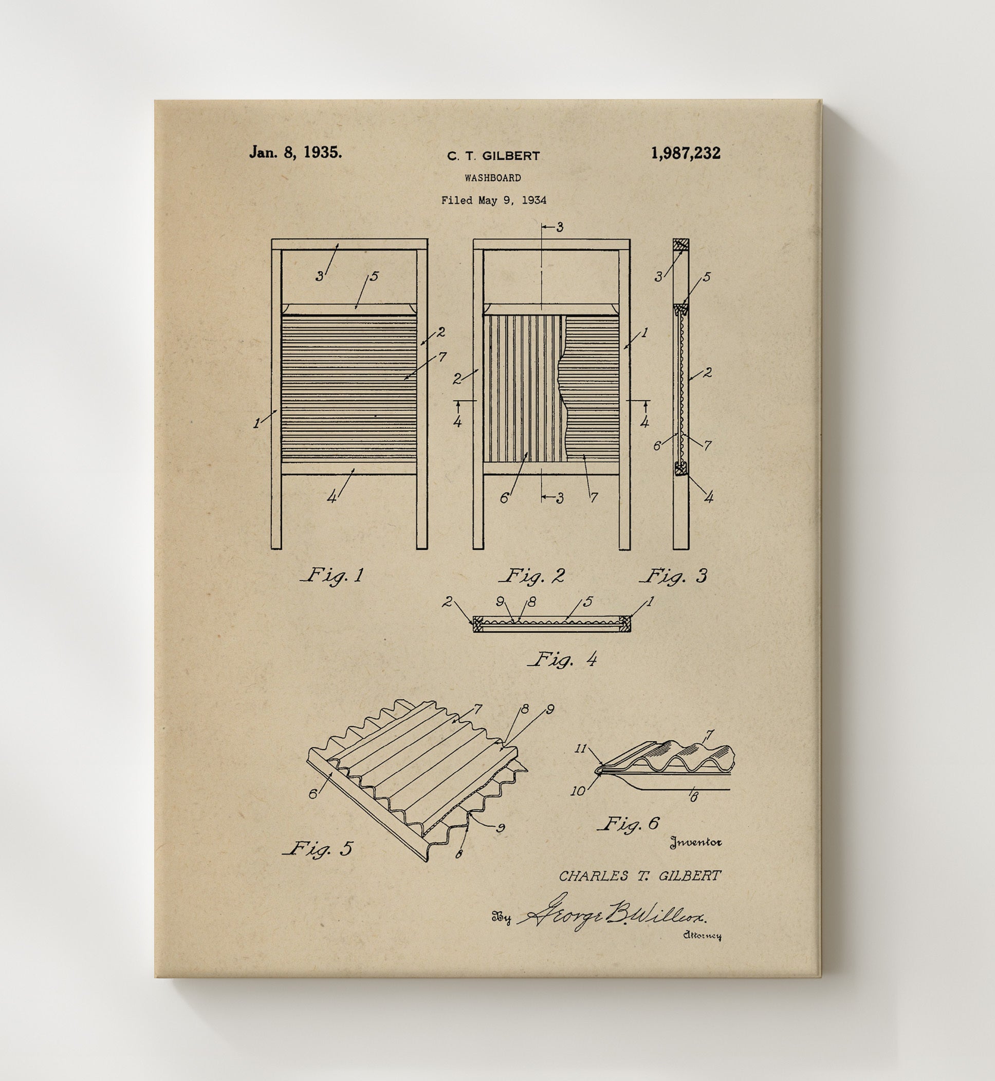 Patent Print - Washboard - Charles T. Gilbert - 1935 - Patent 1987232 Patent Wall Art