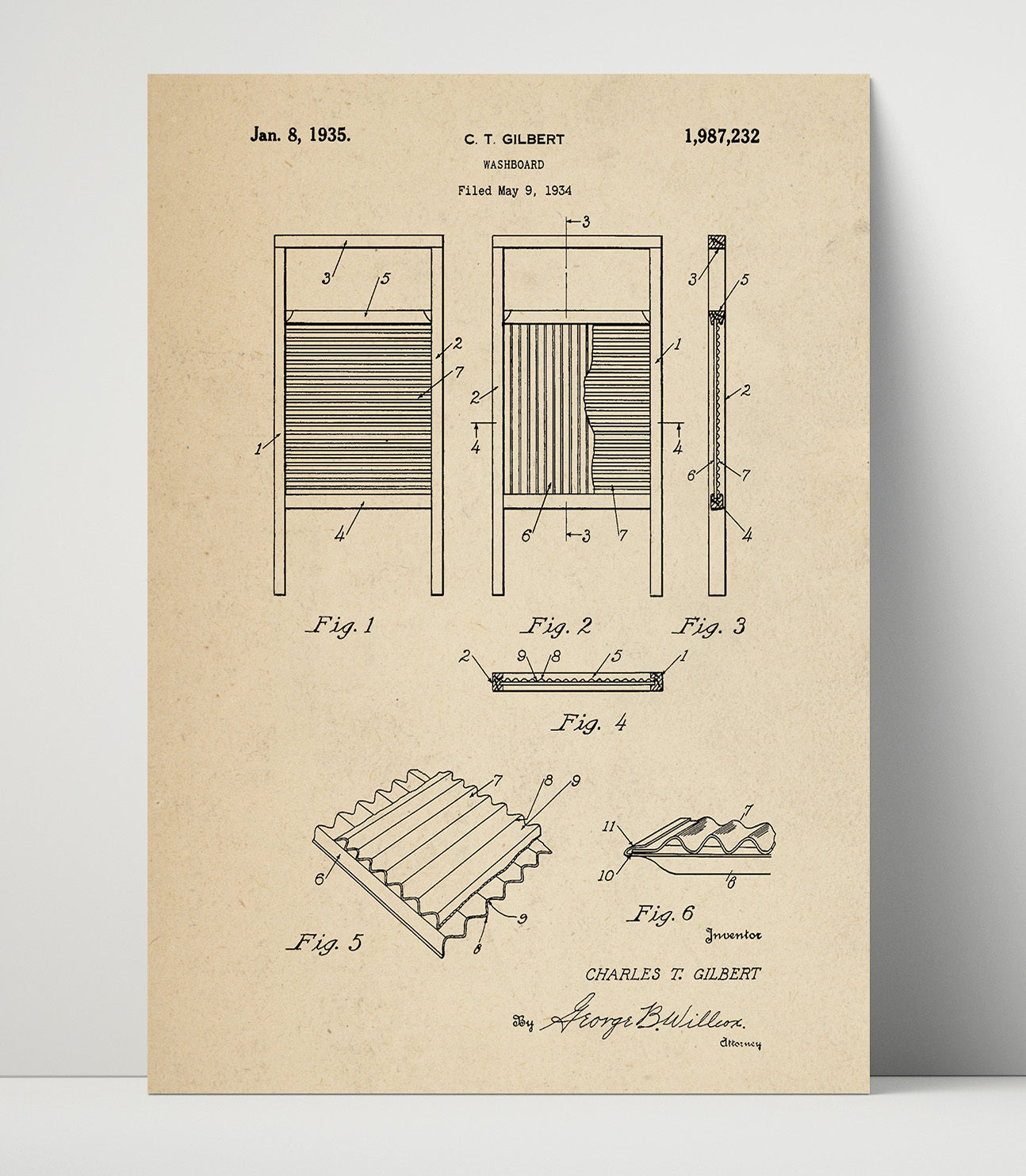 Patent Print - Washboard - Charles T. Gilbert - 1935 - Patent 1987232 Patent Wall Art