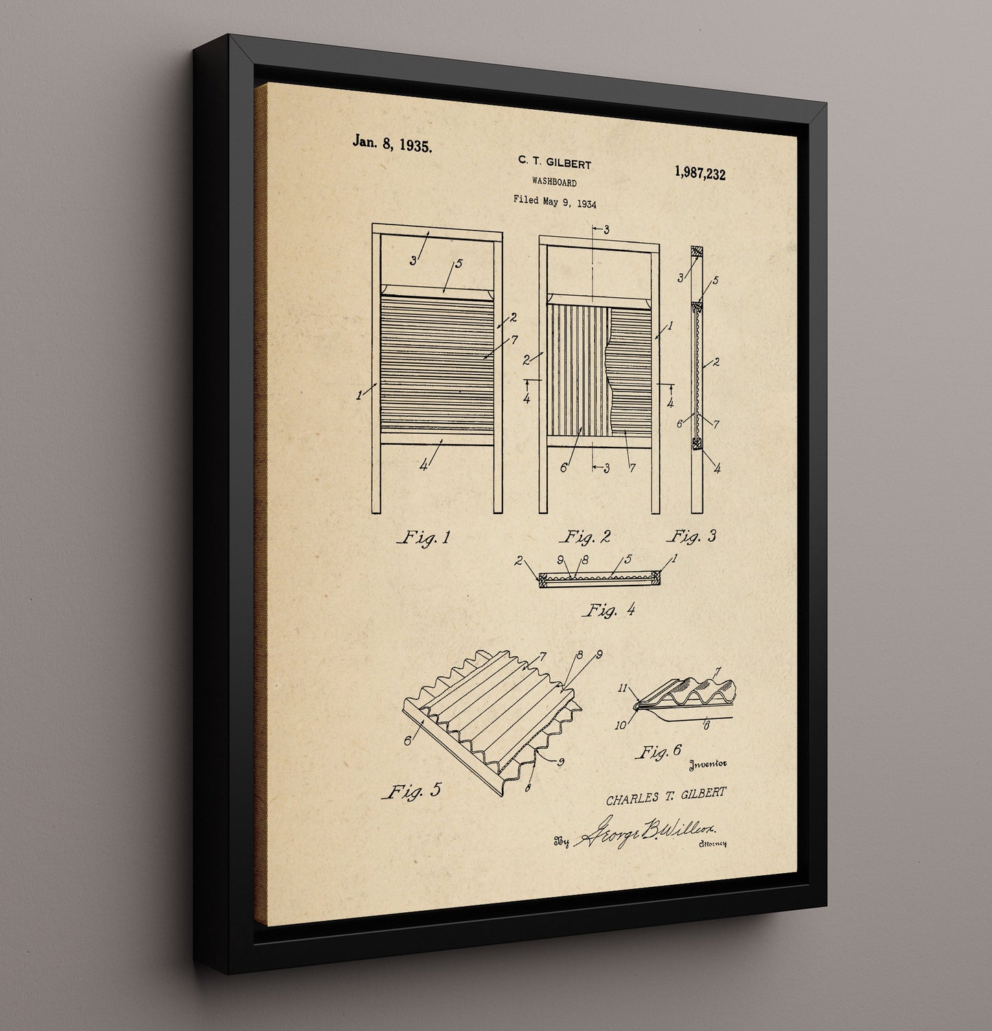 Patent Print - Washboard - Charles T. Gilbert - 1935 - Patent 1987232 Patent Wall Art