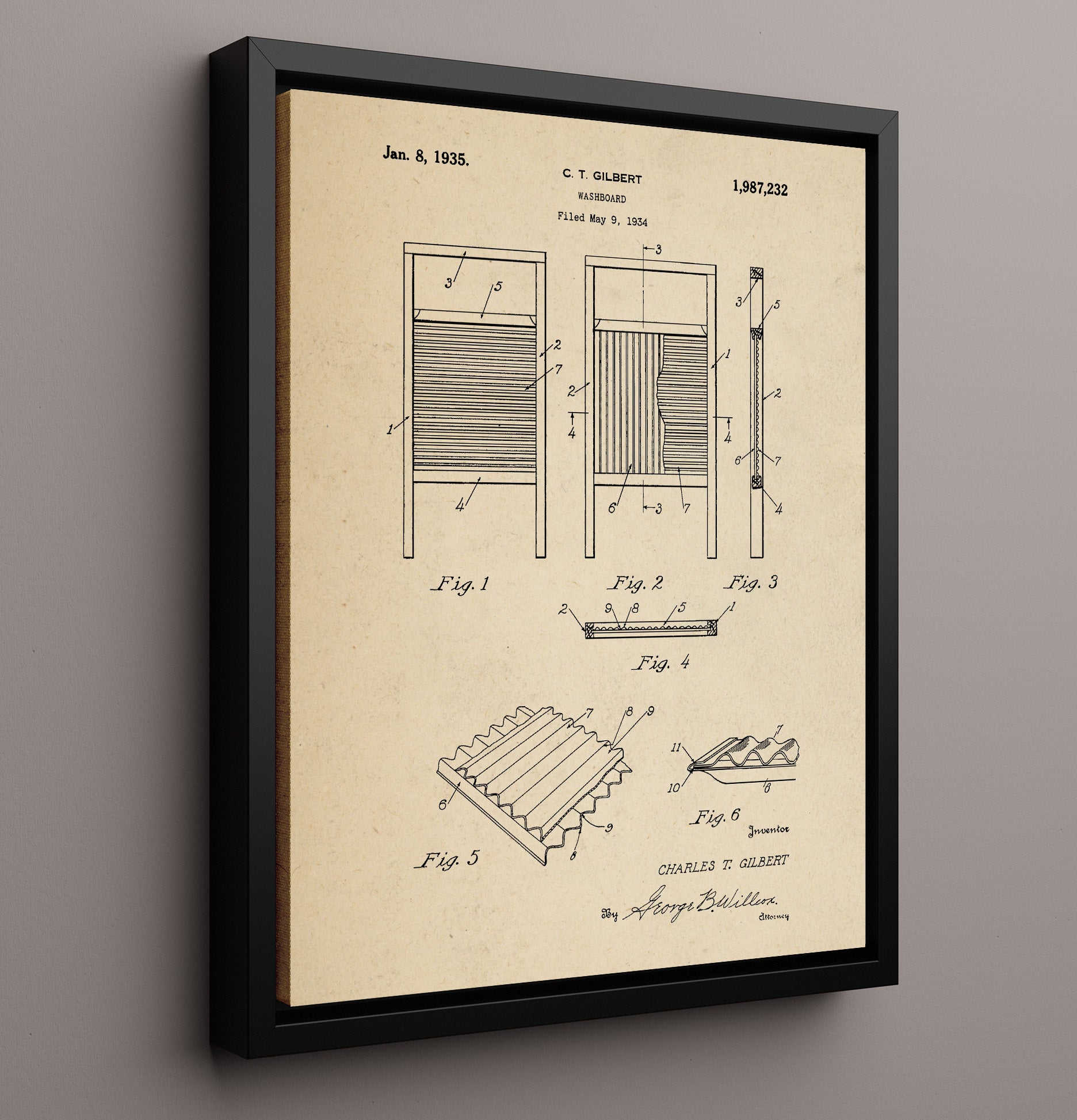 Patent Print - Washboard - Charles T. Gilbert - 1935 - Patent 1987232 Patent Wall Art