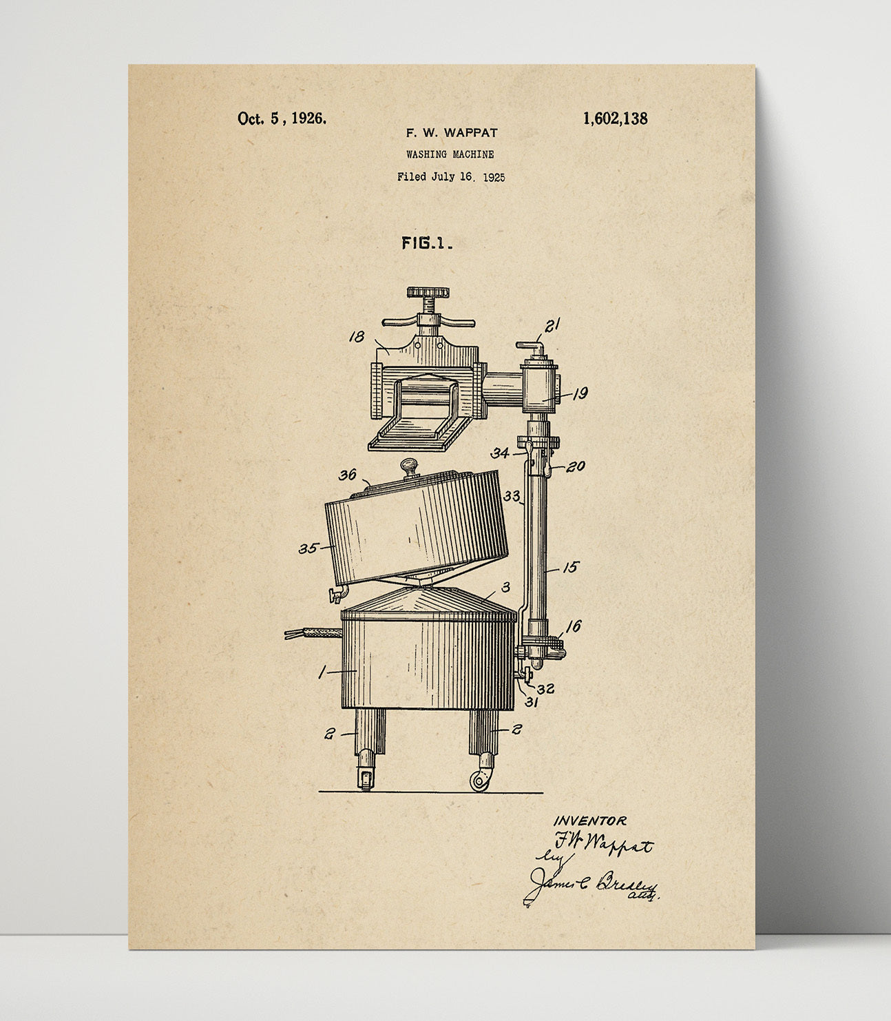 Patent Print - Washing Machine - F W Wappat - 1926 - Patent 1602138 Patent Wall Art