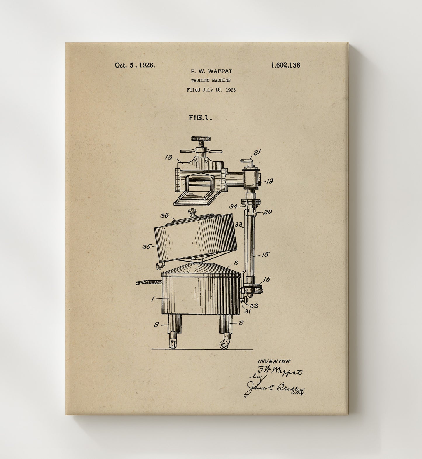 Patent Print - Washing Machine - F W Wappat - 1926 - Patent 1602138 Patent Wall Art