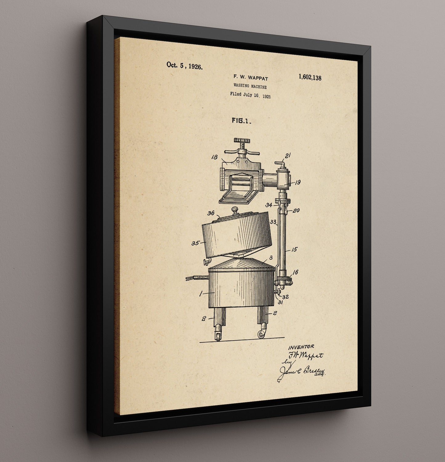 Patent Print - Washing Machine - F W Wappat - 1926 - Patent 1602138 Patent Wall Art
