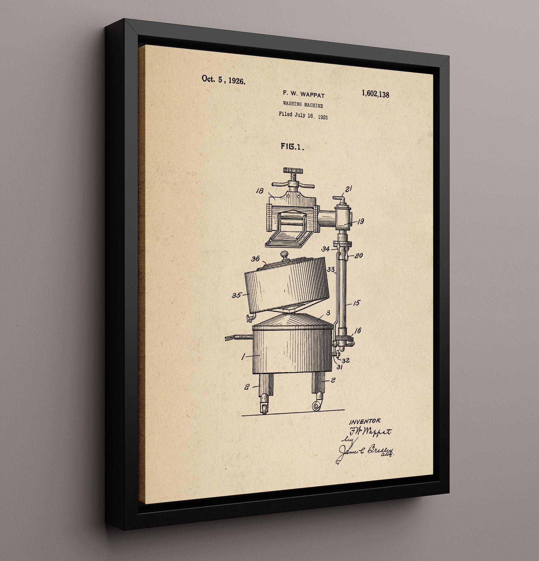 Patent Print - Washing Machine - F W Wappat - 1926 - Patent 1602138 Patent Wall Art