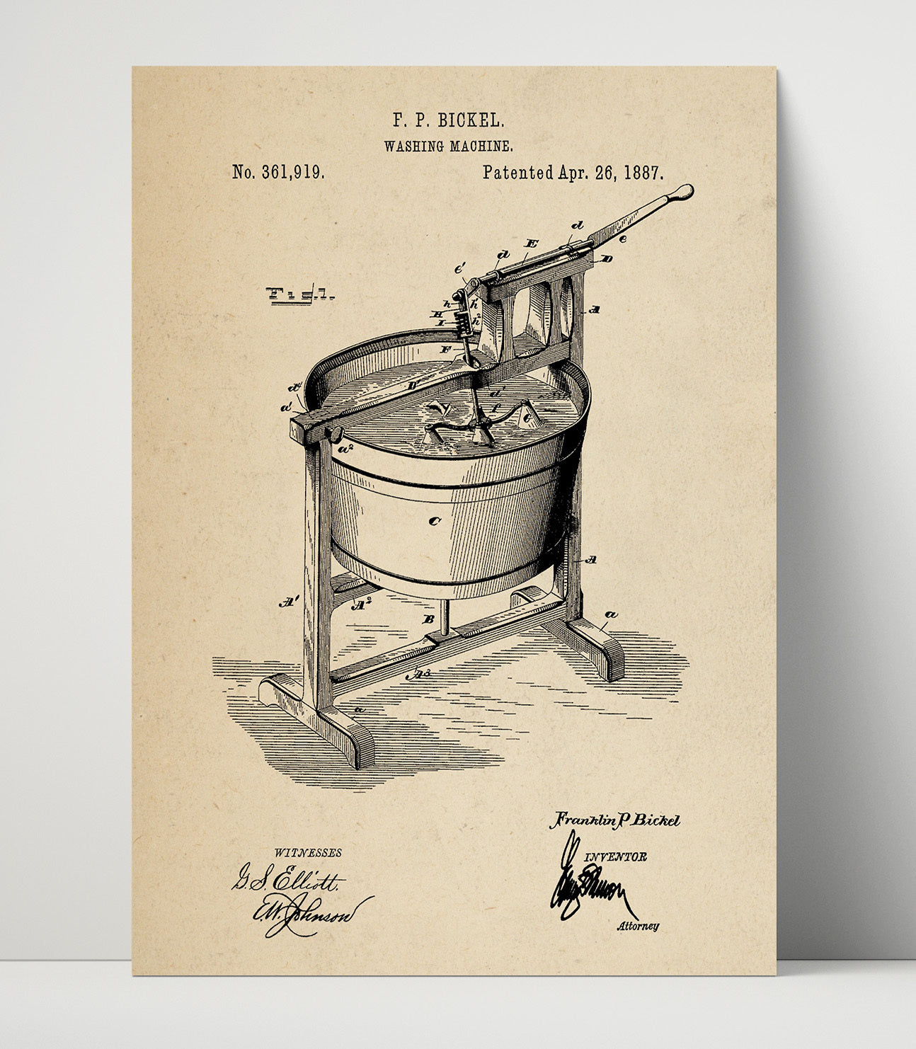 Patent Print - Washing Machine - Franklin P Bickel - 1887 - Patent 361919 Patent Wall Art
