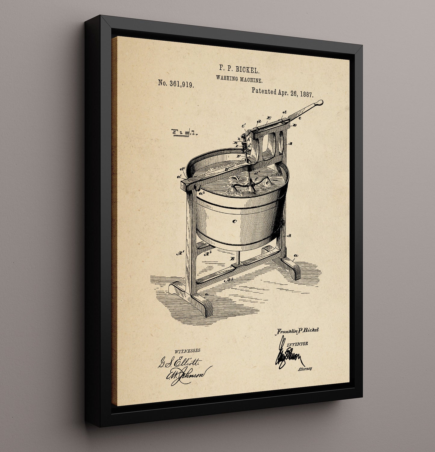 Patent Print - Washing Machine - Franklin P Bickel - 1887 - Patent 361919 Patent Wall Art