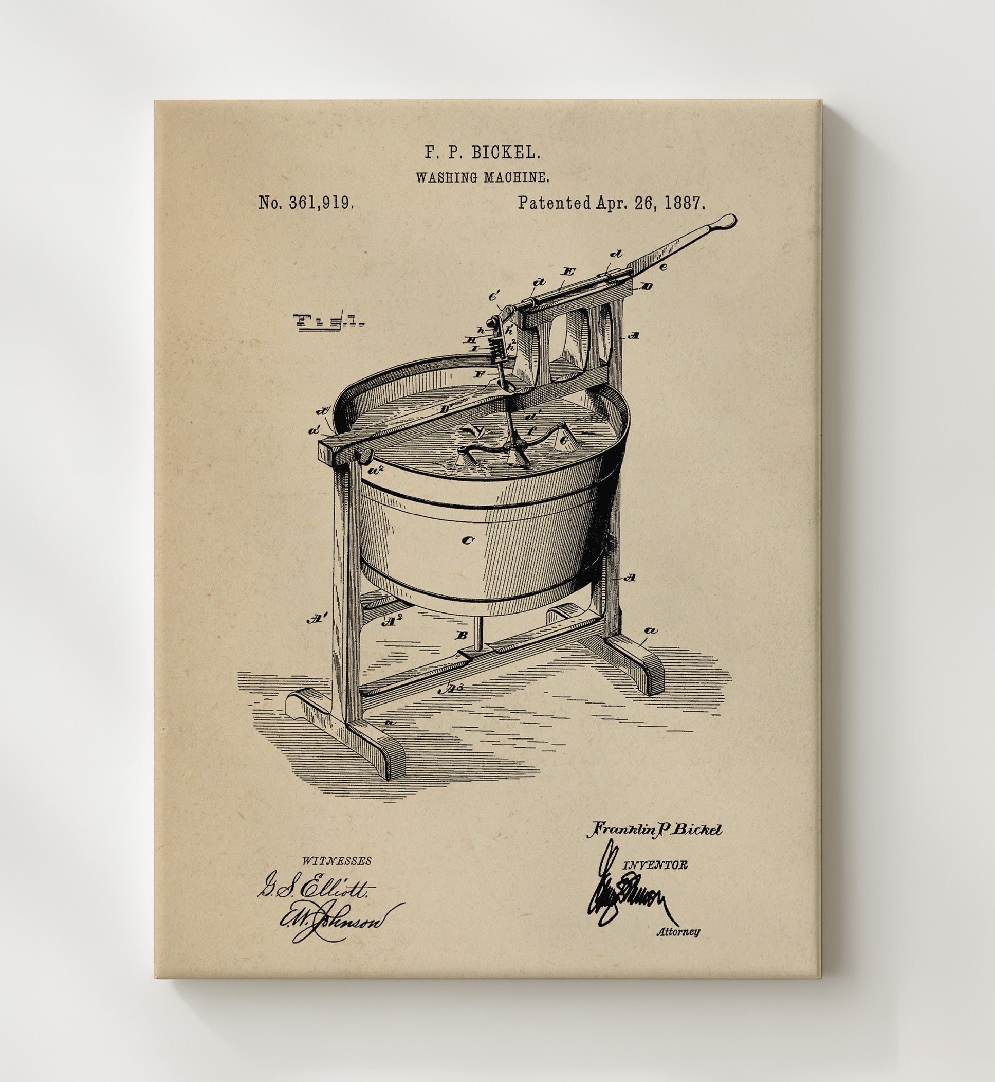 Patent Print - Washing Machine - Franklin P Bickel - 1887 - Patent 361919 Patent Wall Art