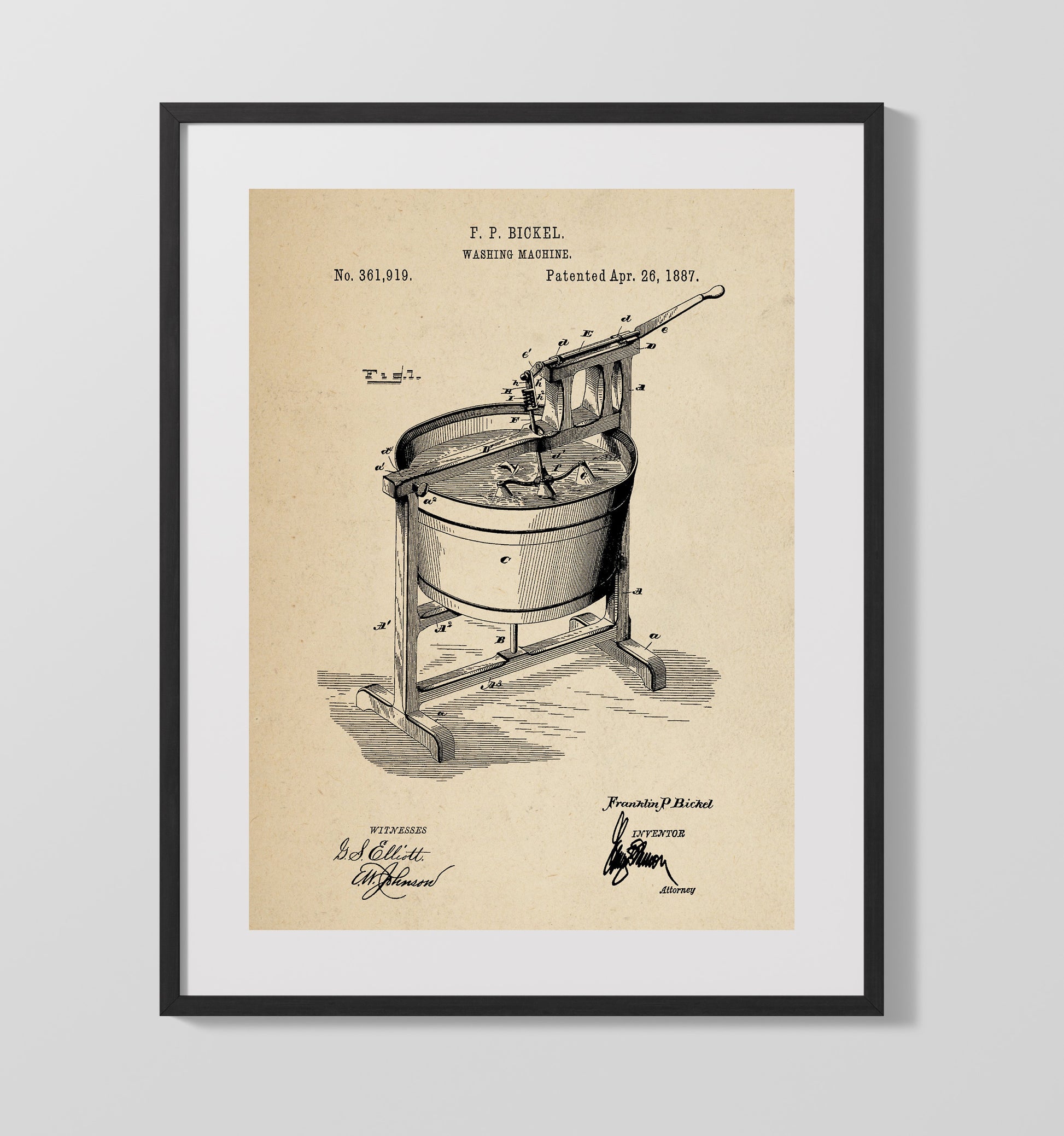 Patent Print - Washing Machine - Franklin P Bickel - 1887 - Patent 361919 Patent Wall Art