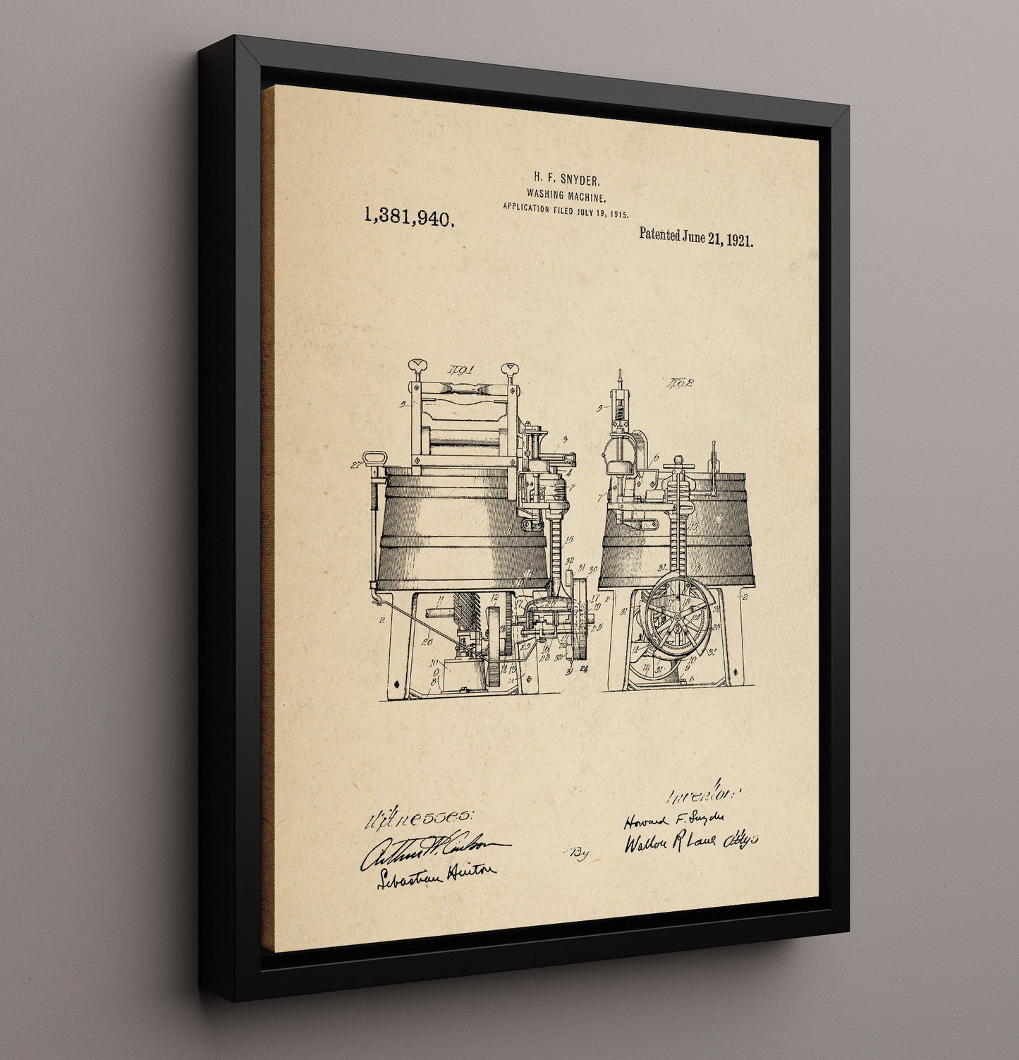 Patent Print - Washing Machine - Howard F Snyder - 1921 - Patent 1381940 Patent Wall Art