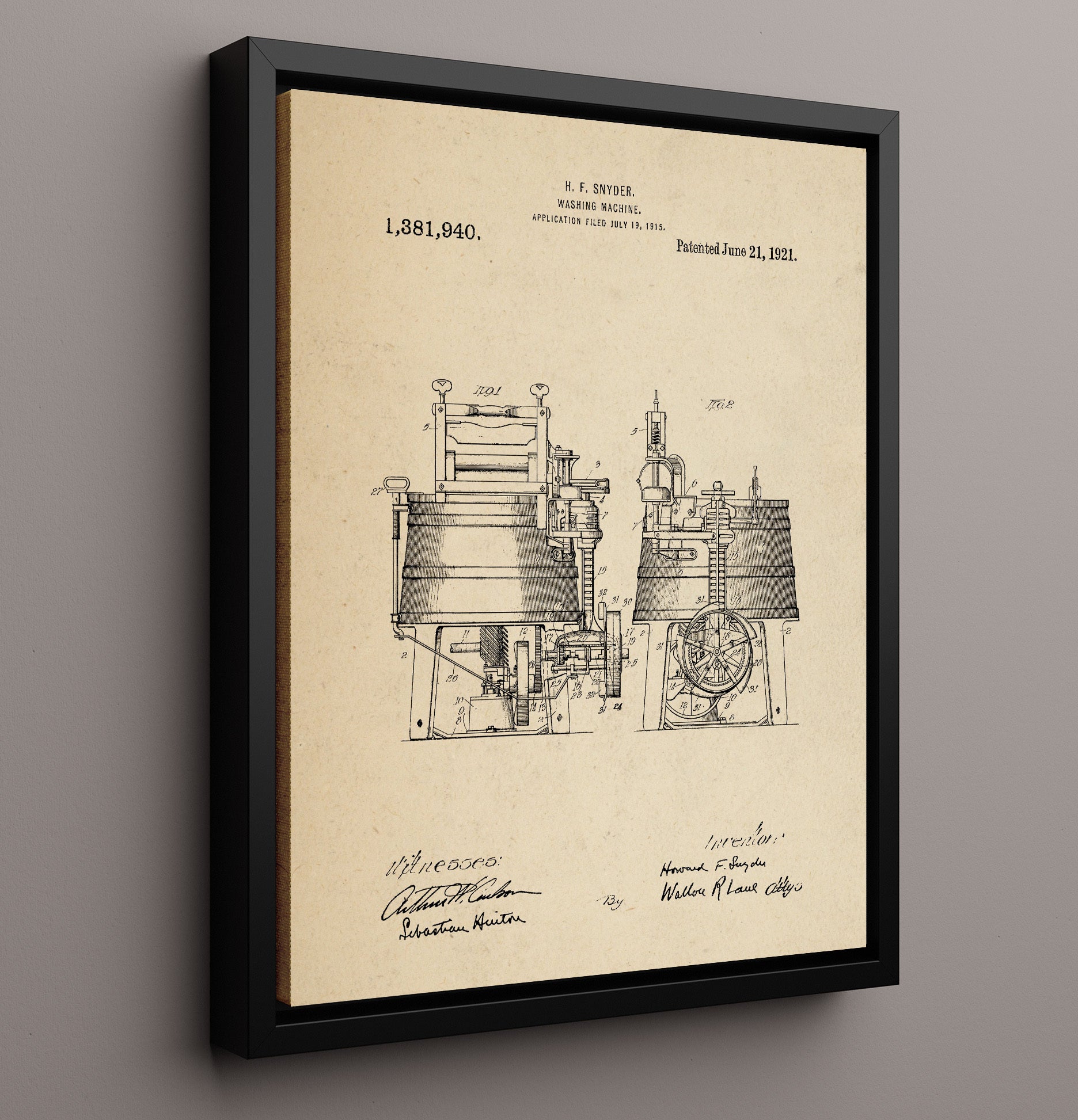 Patent Print - Washing Machine - Howard F Snyder - 1921 - Patent 1381940 Patent Wall Art