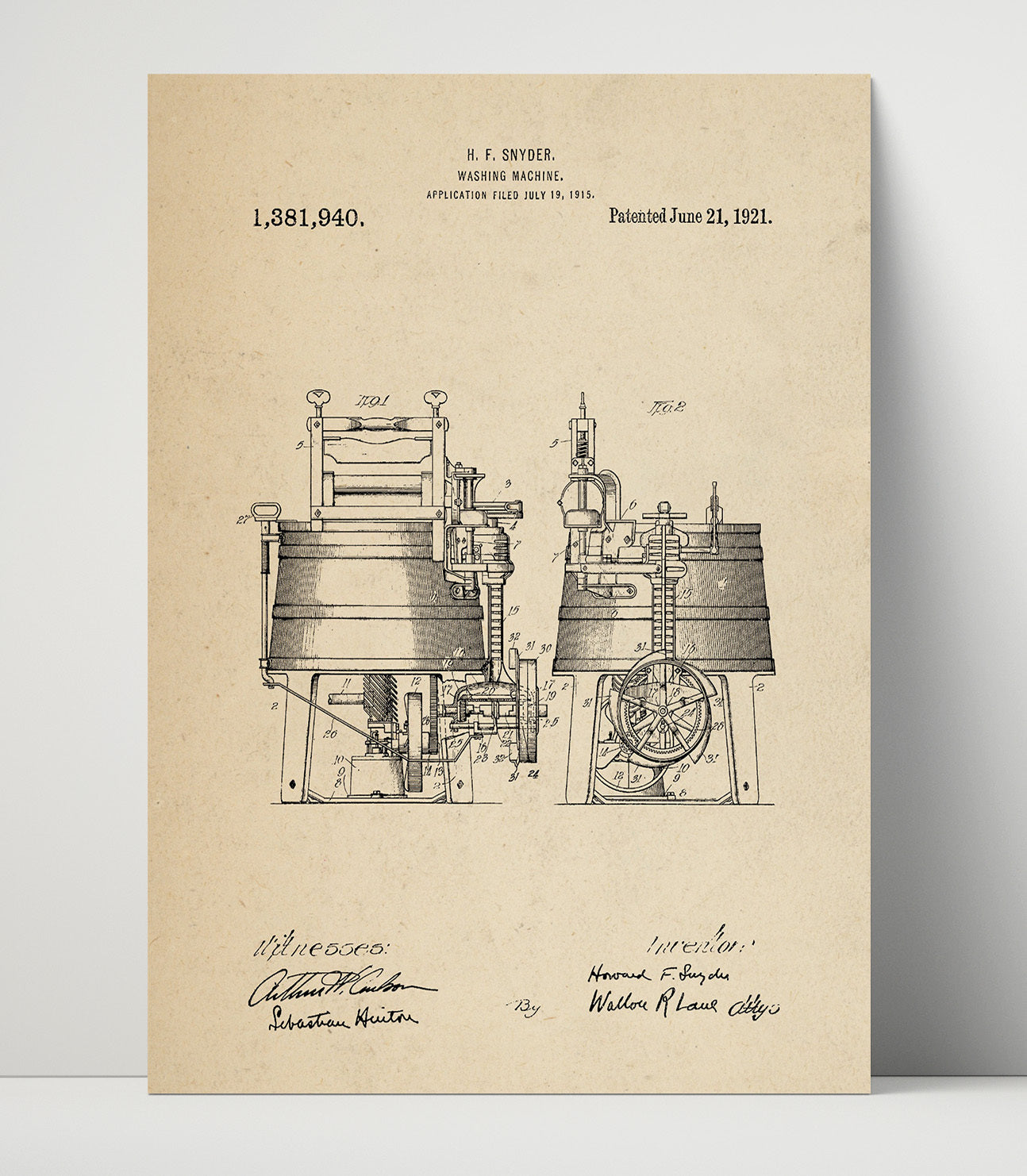 Patent Print - Washing Machine - Howard F Snyder - 1921 - Patent 1381940 Patent Wall Art