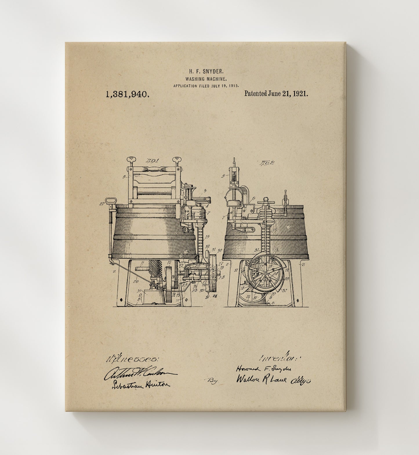 Patent Print - Washing Machine - Howard F Snyder - 1921 - Patent 1381940 Patent Wall Art