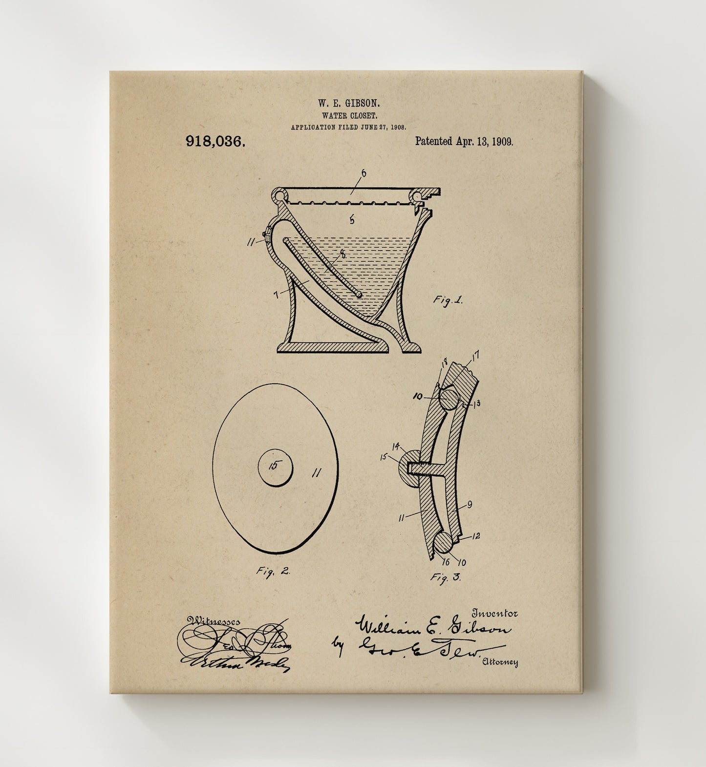 Patent Print - Water Closet - William E Gibson - 1909 - Patent 918036 Patent Wall Art