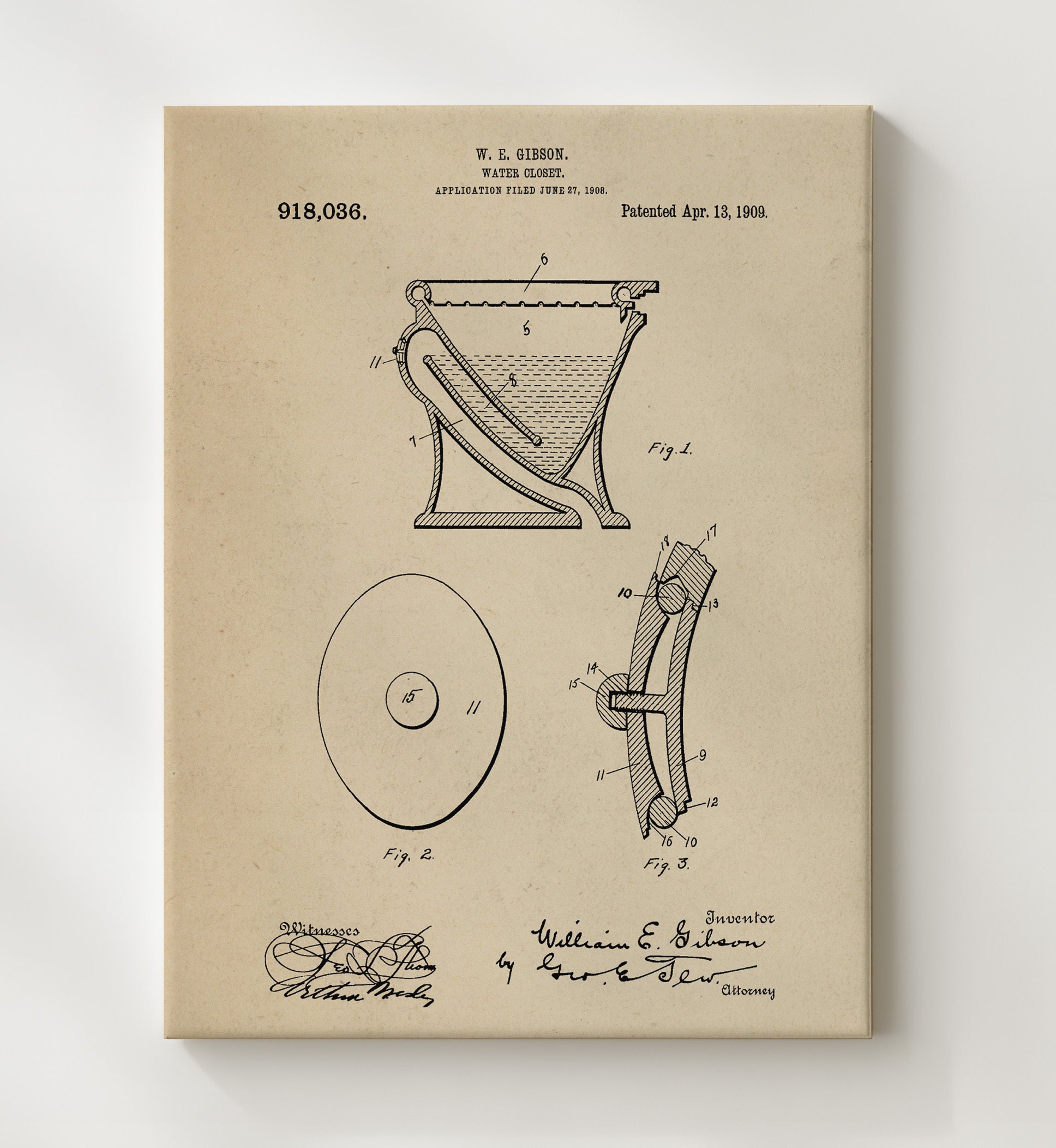 Patent Print - Water Closet - William E Gibson - 1909 - Patent 918036 Patent Wall Art