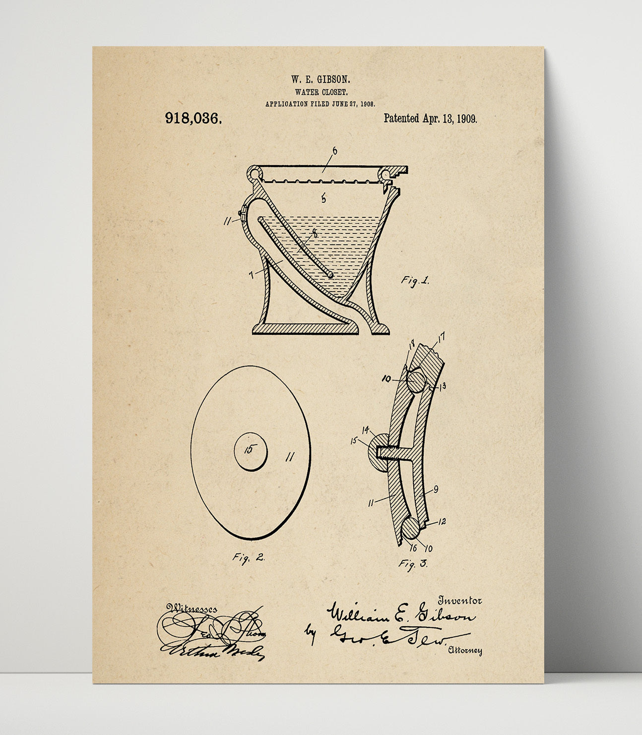 Patent Print - Water Closet - William E Gibson - 1909 - Patent 918036 Patent Wall Art